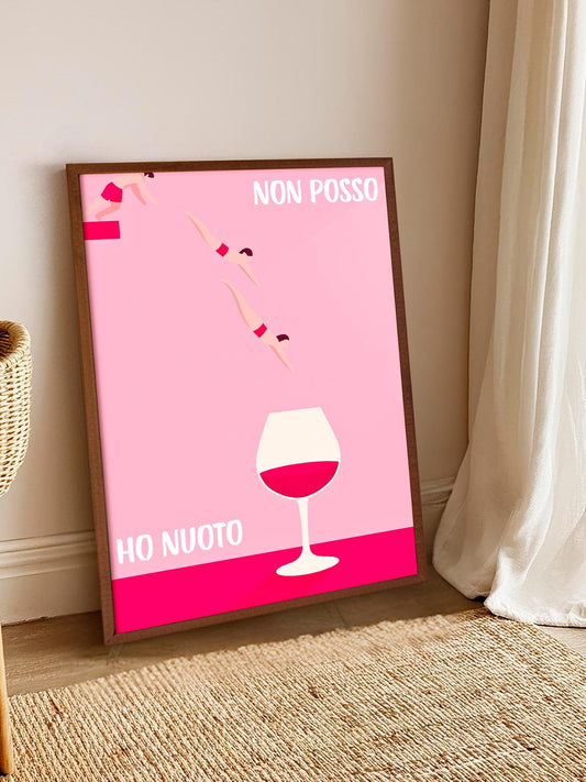 Italian Wine Quote Poster, Funny Wall Art for Wine Lovers, "I Can't, I Swim", Retro Kitchen and Bar Decor, Minimalist Wine Illustration
