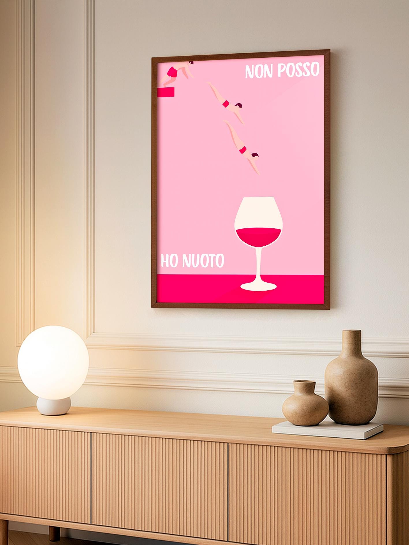 Italian Wine Quote Poster, Funny Wall Art for Wine Lovers, "I Can't, I Swim", Retro Kitchen and Bar Decor, Minimalist Wine Illustration