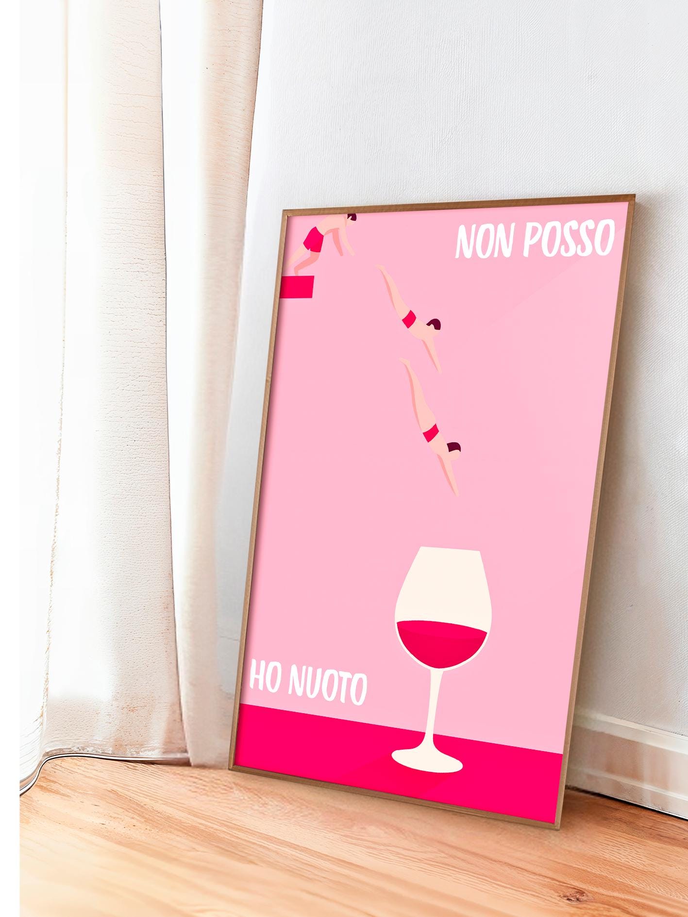 Italian Wine Quote Poster, Funny Wall Art for Wine Lovers, "I Can't, I Swim", Retro Kitchen and Bar Decor, Minimalist Wine Illustration