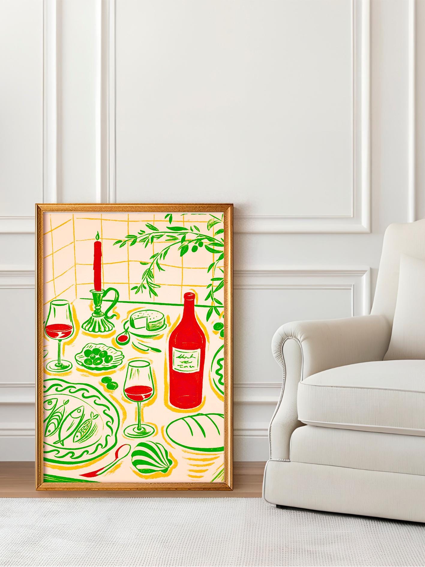 Italian kitchen poster, table food illustration, Mediterranean art print with red wine and cheese, retro culinary art, Italian wine and food