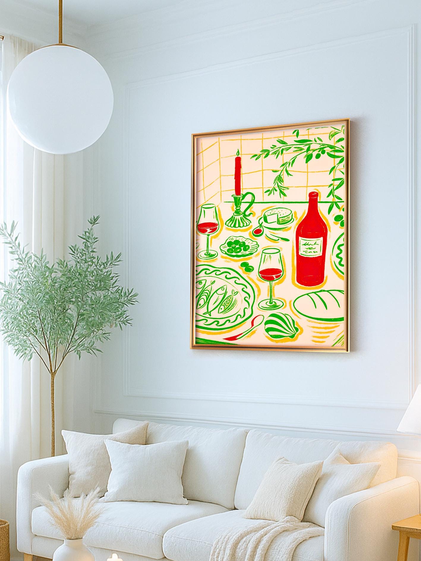 Italian kitchen poster, table food illustration, Mediterranean art print with red wine and cheese, retro culinary art, Italian wine and food