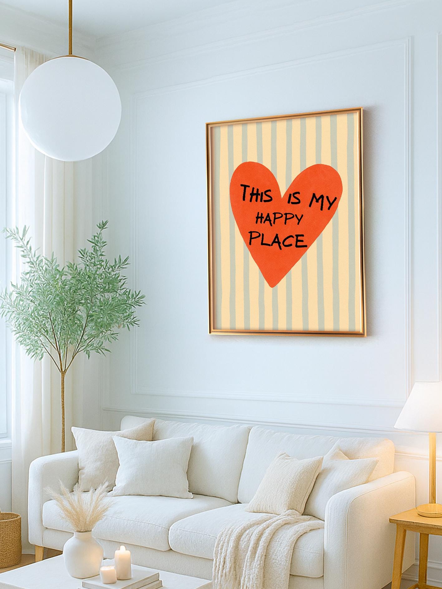 Heart poster with handwritten text "This is my happy place", retro motivational print, heart-shaped wall art, minimalist home decor