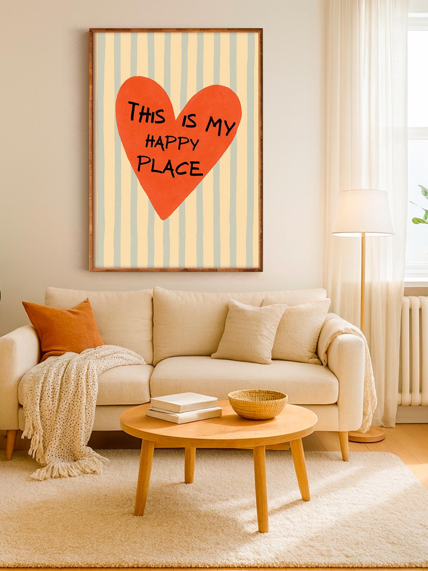 Heart poster with handwritten text "This is my happy place", retro motivational print, heart-shaped wall art, minimalist home decor