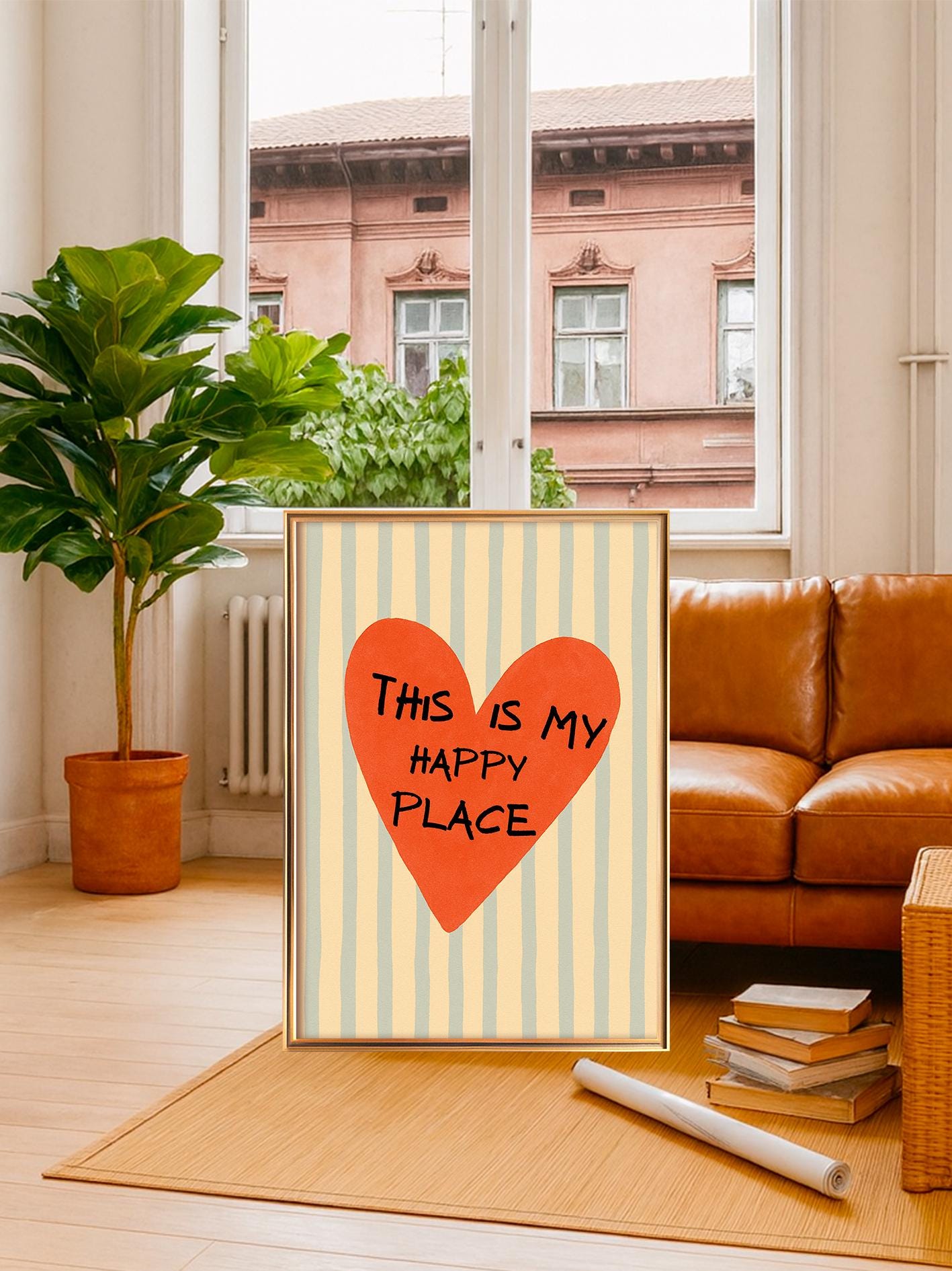 Heart poster with handwritten text "This is my happy place", retro motivational print, heart-shaped wall art, minimalist home decor