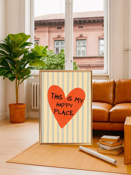 Heart poster with handwritten text "This is my happy place", retro motivational print, heart-shaped wall art, minimalist home decor