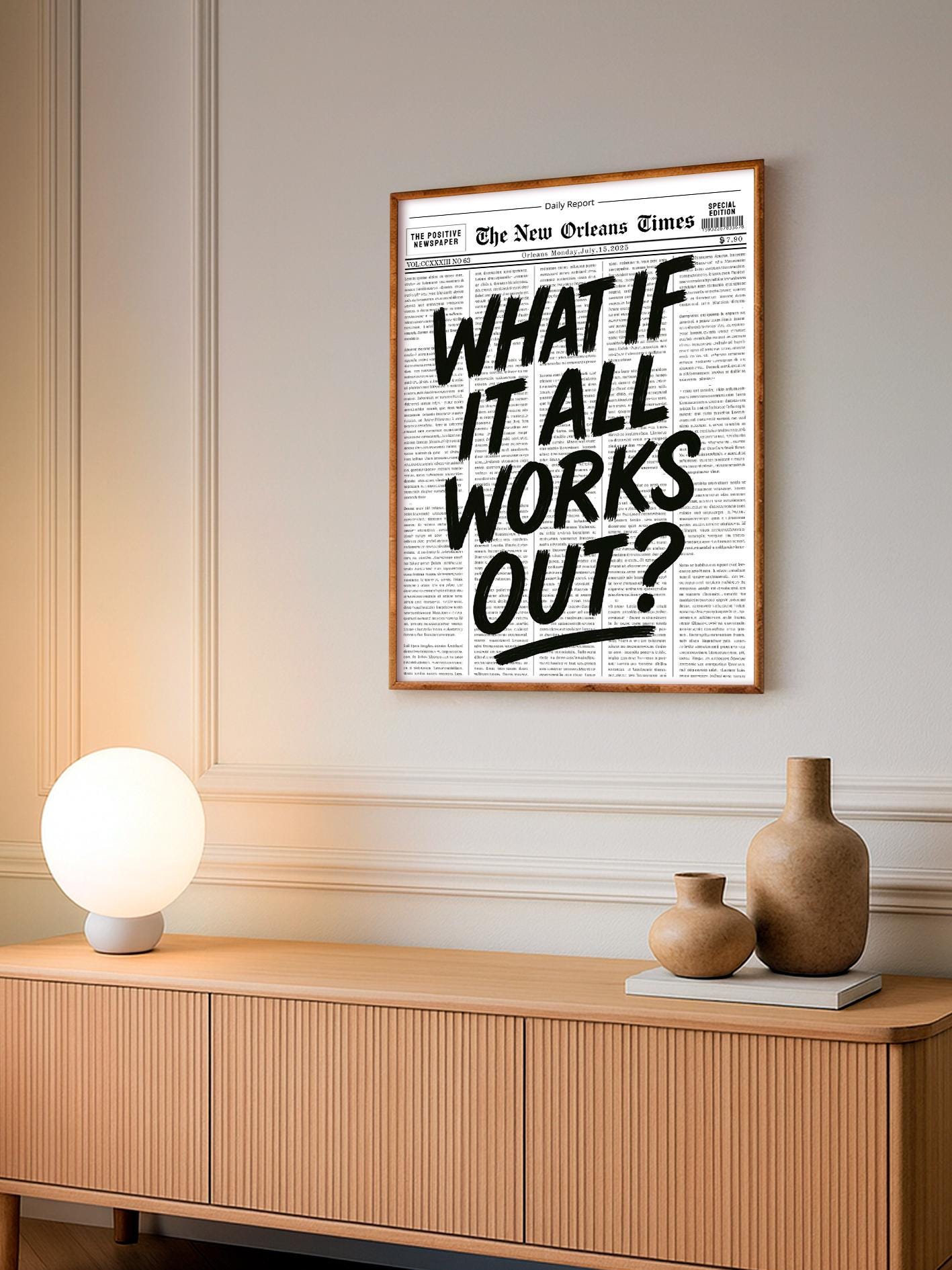 Motivational Poster, Retro Newspaper Style, “What If It All Works Out?” Black Wall Art for Dorm Room and Bedroom