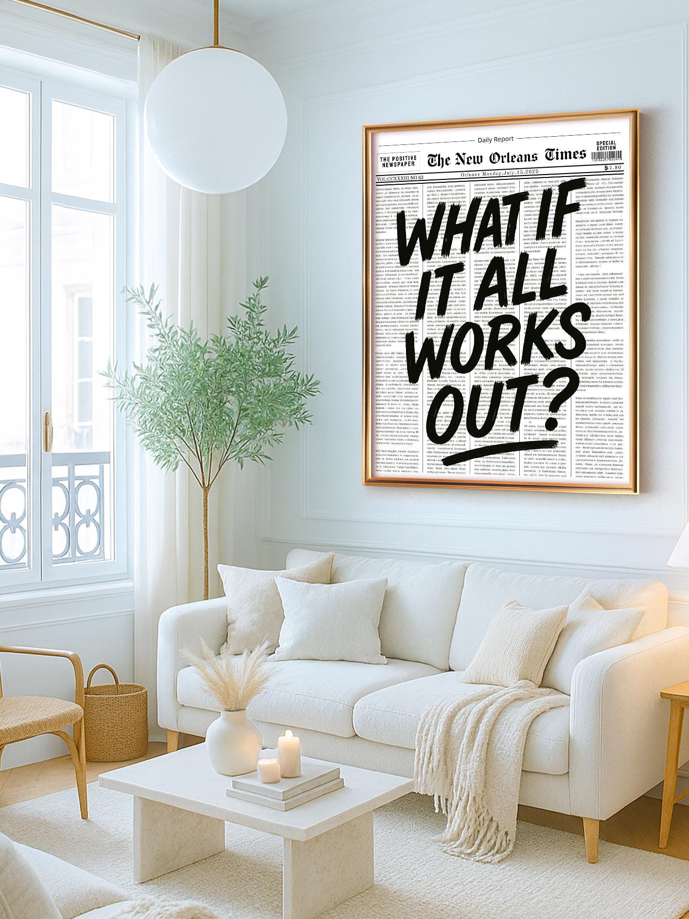 Motivational Poster, Retro Newspaper Style, “What If It All Works Out?” Black Wall Art for Dorm Room and Bedroom
