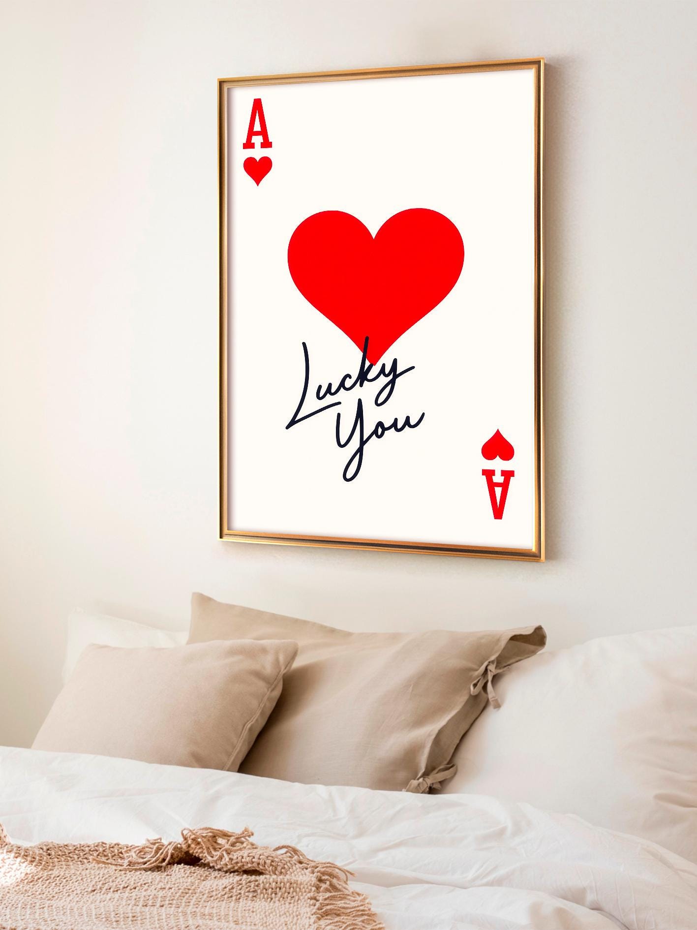 Poster Ace of Hearts, “Lucky You” text, Modern Minimalist Home Decor, Playing Card Art, Love Wall Decor, Anniversary Gift