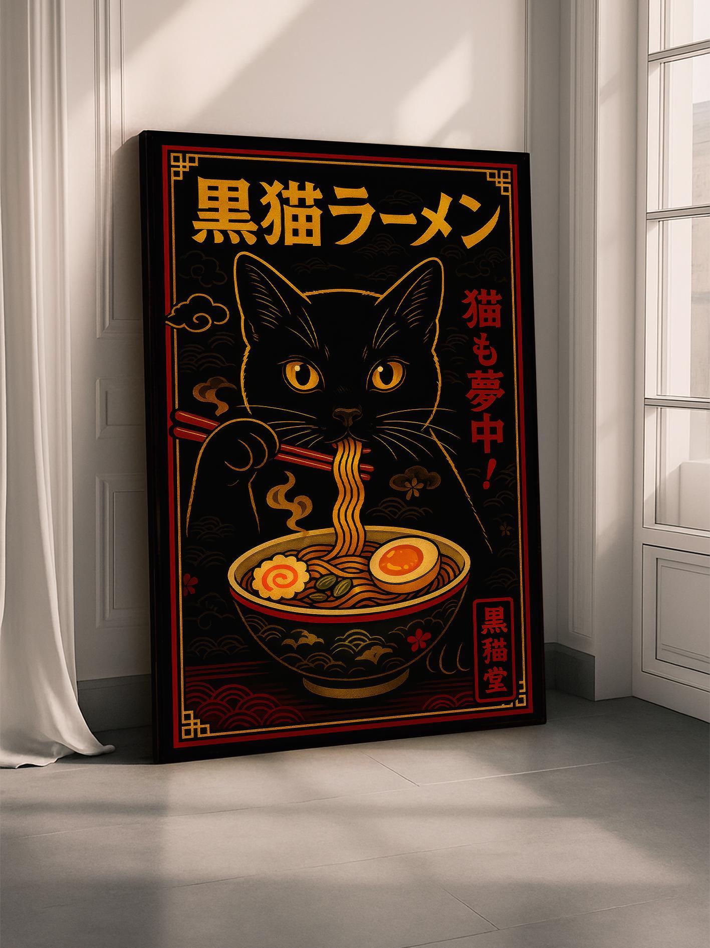 Kuro Neko Ramen Poster, Anime Black Cat Art, Japanese Wall Decor, Retro Noodle Bowl Print, Cute Kitchen Gift for Cat Lovers