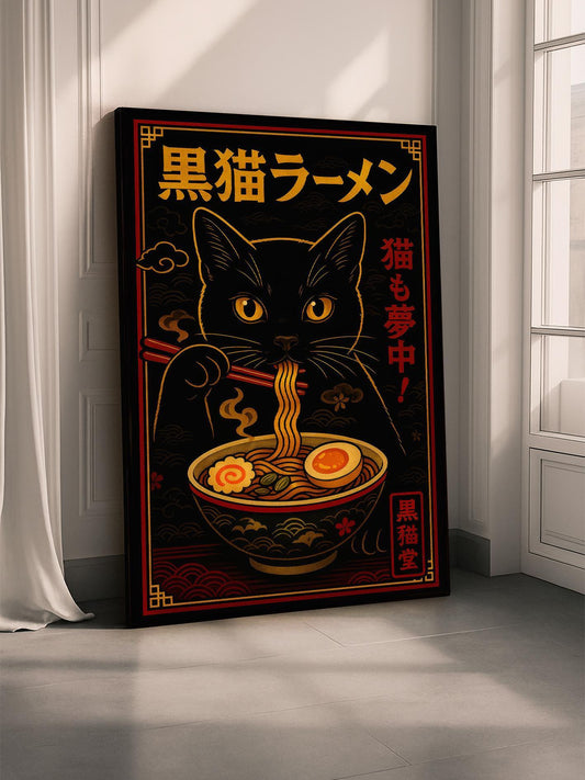 Kuro Neko Ramen Poster, Anime Black Cat Art, Japanese Wall Decor, Retro Noodle Bowl Print, Cute Kitchen Gift for Cat Lovers