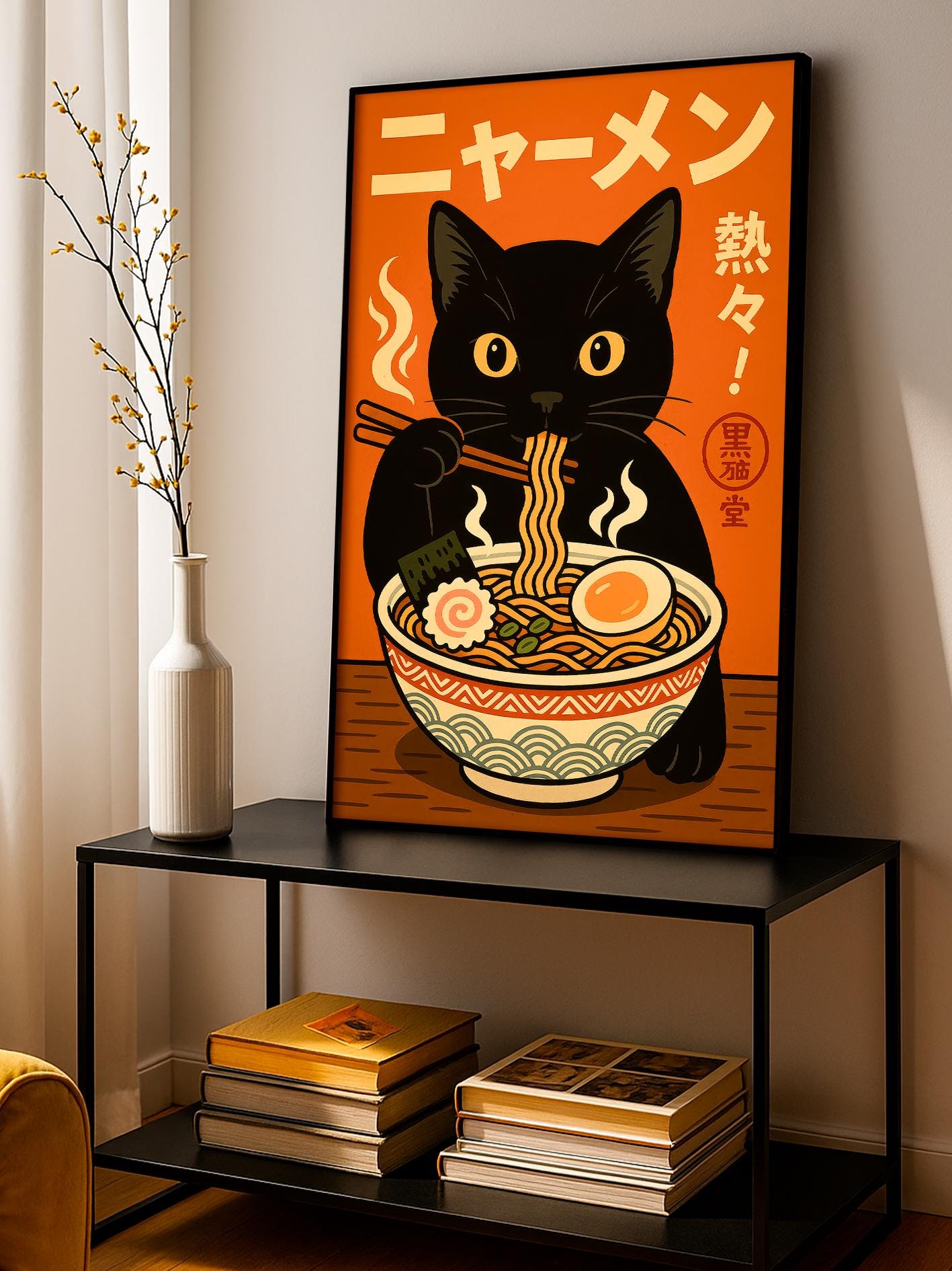 Black Cat Eating Noodles Poster, Anime Art with Black Cat, Japanese Wall Decor, Gift for Cat Lovers