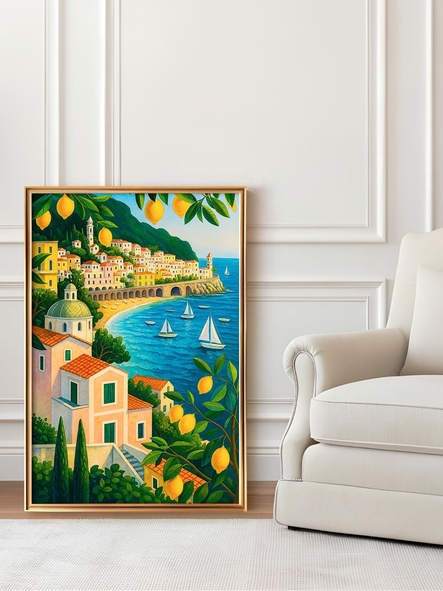 Amalfi Coast Poster with Lemons, Mediterranean Illustration with Sailboats, Italian Art Print, Wall Art for Home, Kitchen, Gift