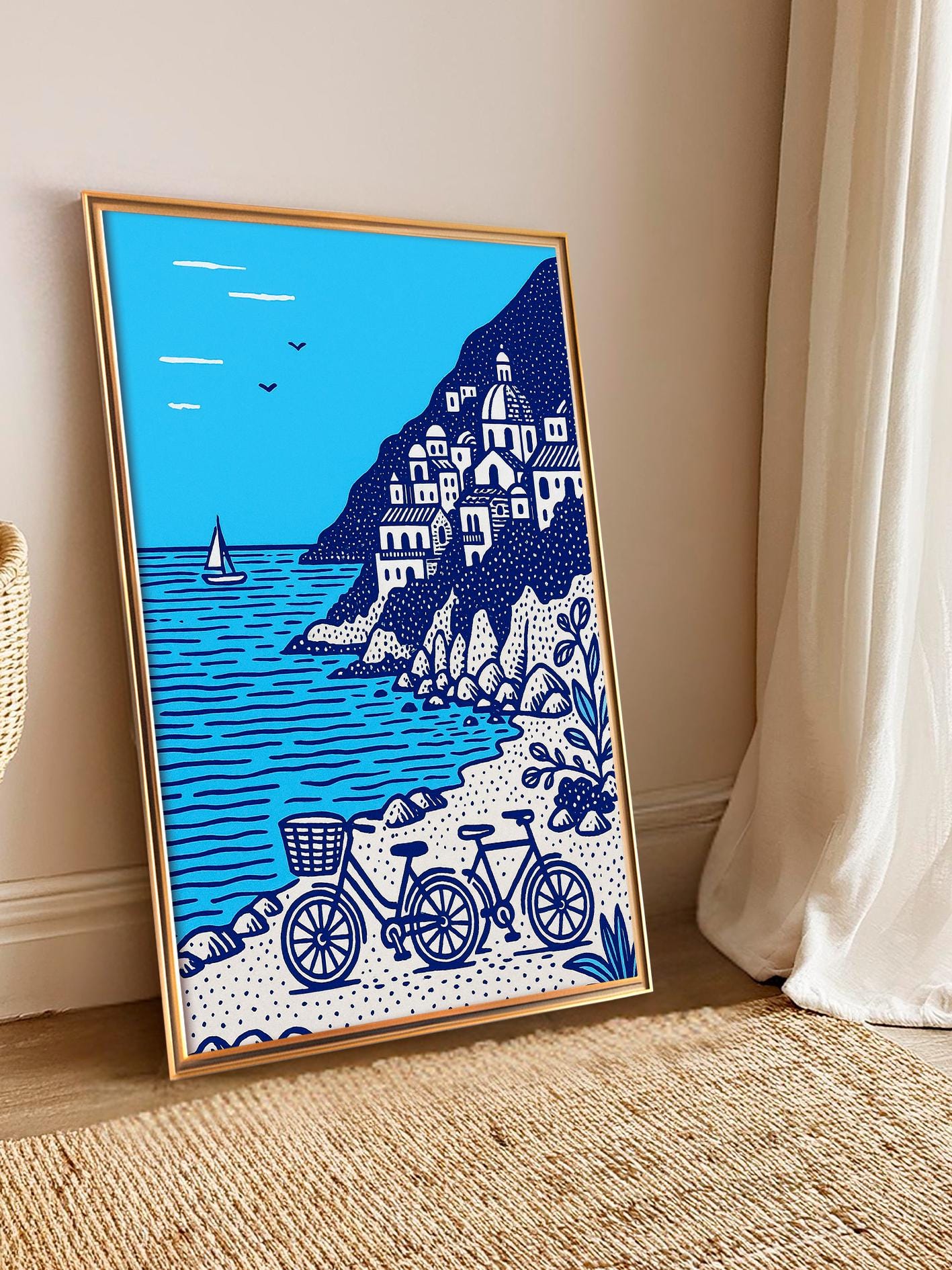 Amalfi Coast Print Positano Poster, Mediterranean Wall Art, Italy Travel Poster, Blue and White Illustration with Bicycles, Beach Deco