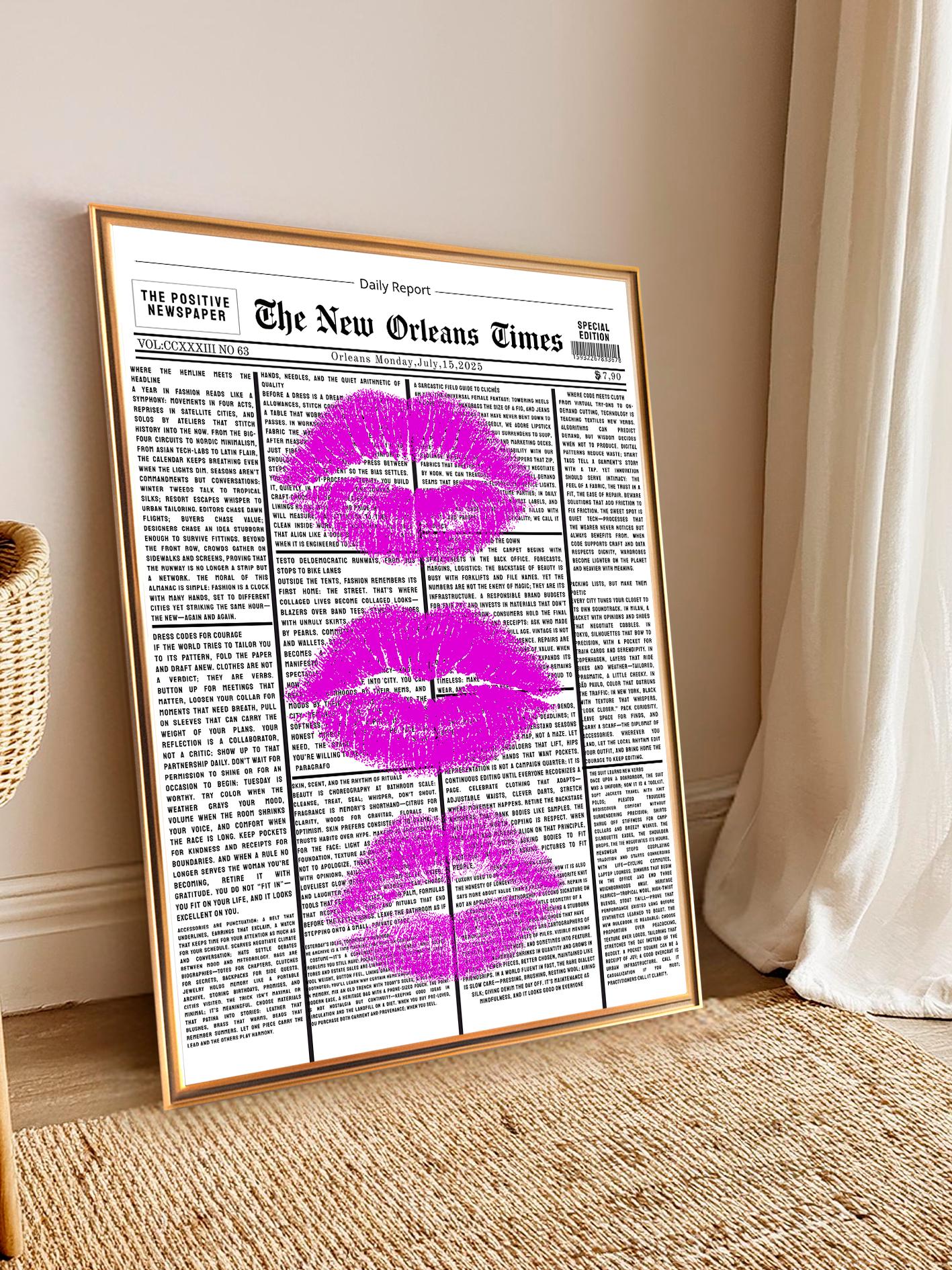 Pink Lips on Newspaper Poster, Retro Black & White Wall Art, Preppy Girly Room Decor, Trendy Aesthetic Print