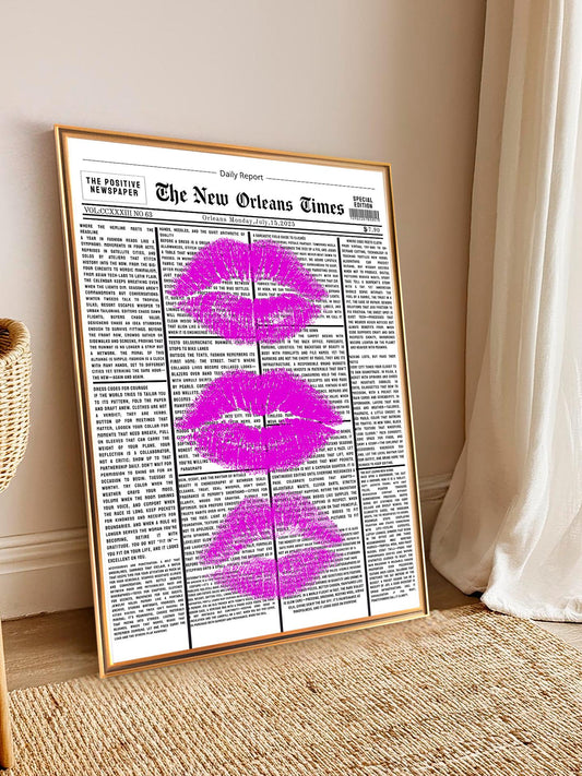 Pink Lips on Newspaper Poster, Retro Black & White Wall Art, Preppy Girly Room Decor, Trendy Aesthetic Print