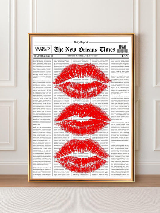 Newspaper Poster With Lipstick Kisses – Newspaper Poster With Red Lips and a Kiss, Vintage Pop Art–Style Wall Decor