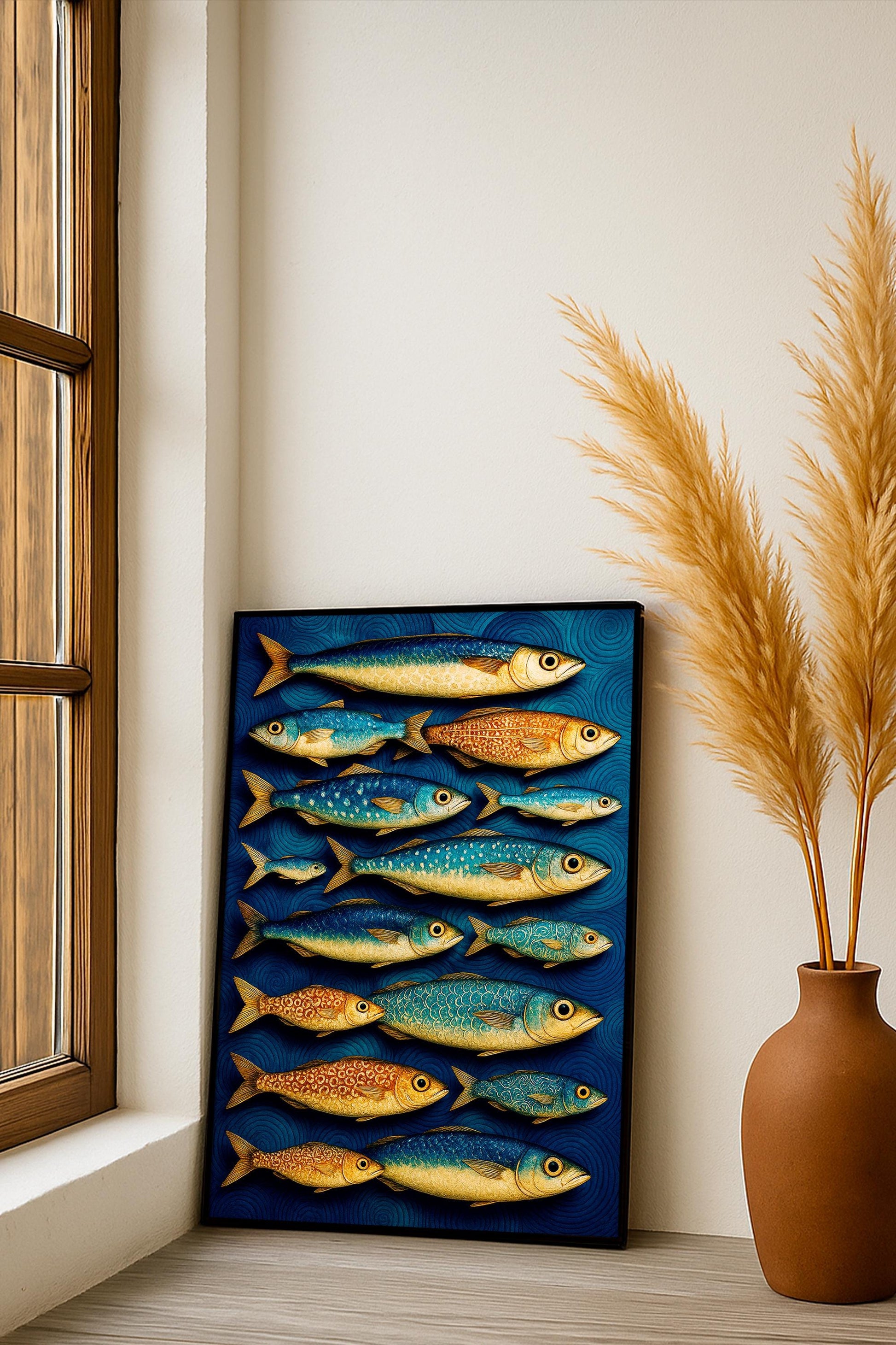 Blue and Gold Fish Poster, Abstract Fish Wall Art, Minimal Art, Mediterranean Print, Relaxing Home Décor, Nautical Wall Art