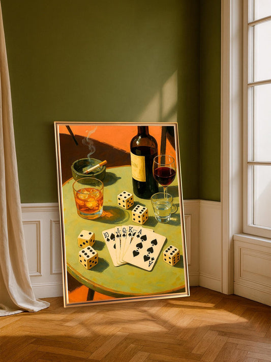 Wall art with dice and a royal flush on poker night, Retro Bar Poster with Whiskey, Cocktail Wall Print, Vintage Pub Decor