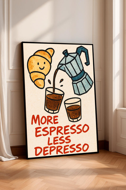 Italian Moka Espresso Retro Cartoon Print – "More Espresso Less Depresso" Coffee Quote, Motivational Poster, Kawaii Kitchen Wall Art
