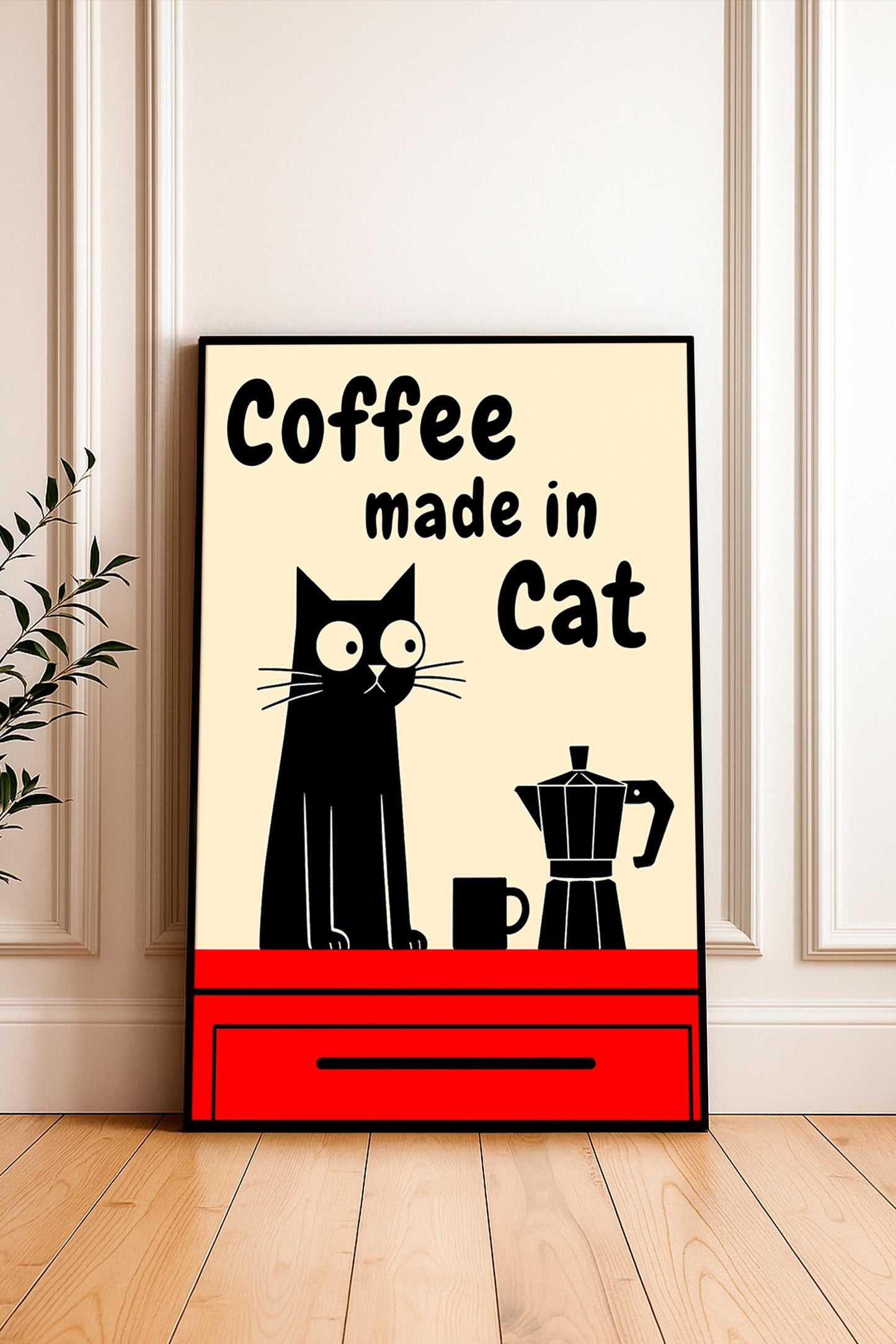 Black Cat Coffee Poster with Moka Pot – Retro Kitchen Wall Art, Vintage Coffee Cat Print