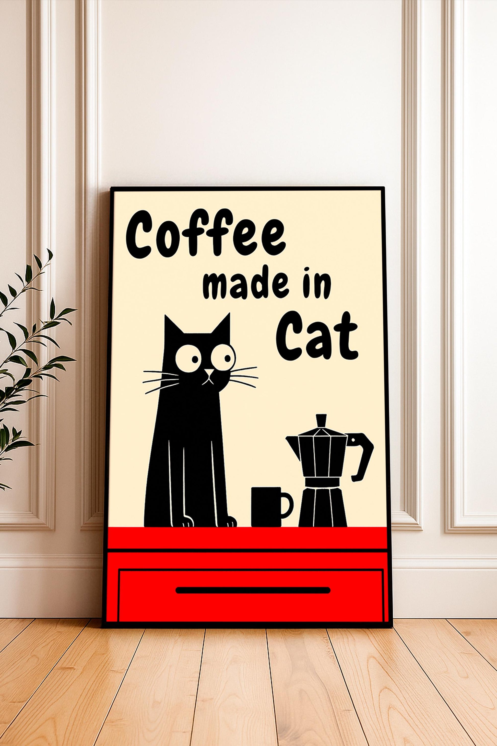 Black Cat Coffee Poster with Moka Pot – Retro Kitchen Wall Art, Vintage Coffee Cat Print