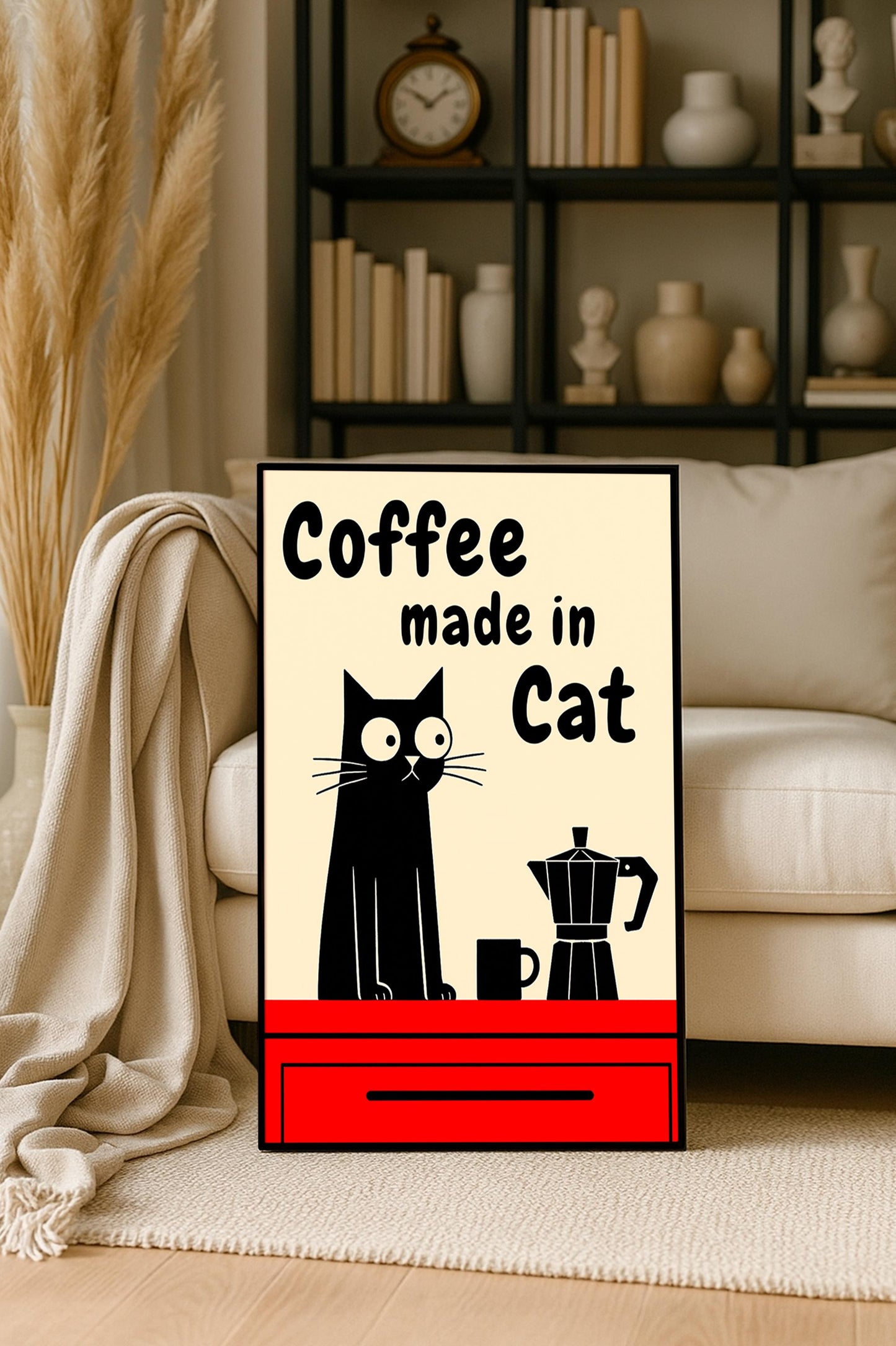 Black Cat Coffee Poster with Moka Pot – Retro Kitchen Wall Art, Vintage Coffee Cat Print