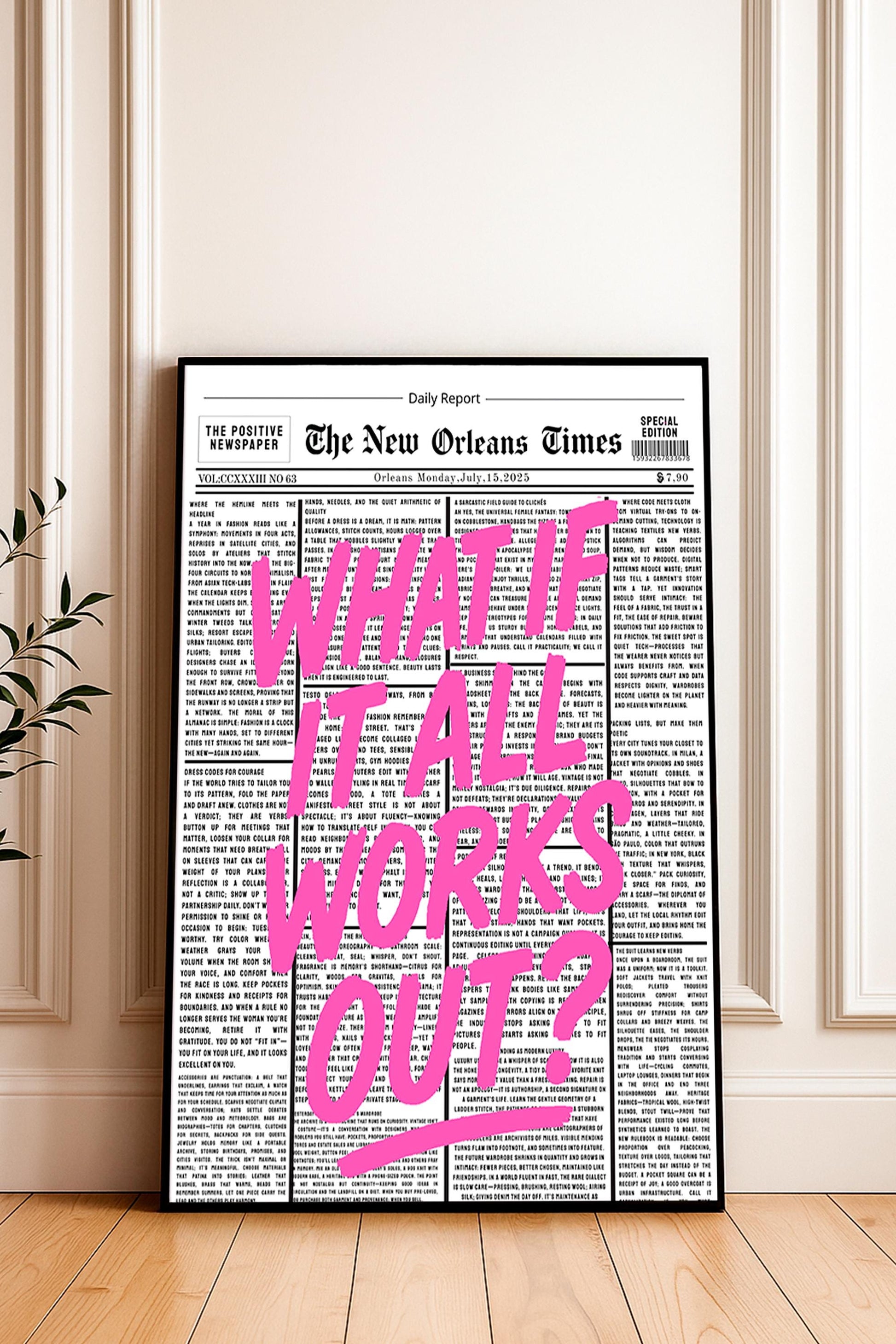 Motivational Quote Poster "What if it all works out?" – Retro Newspaper Style, Pink Brush Typography, Wall Art, Preppy Dorm Decor