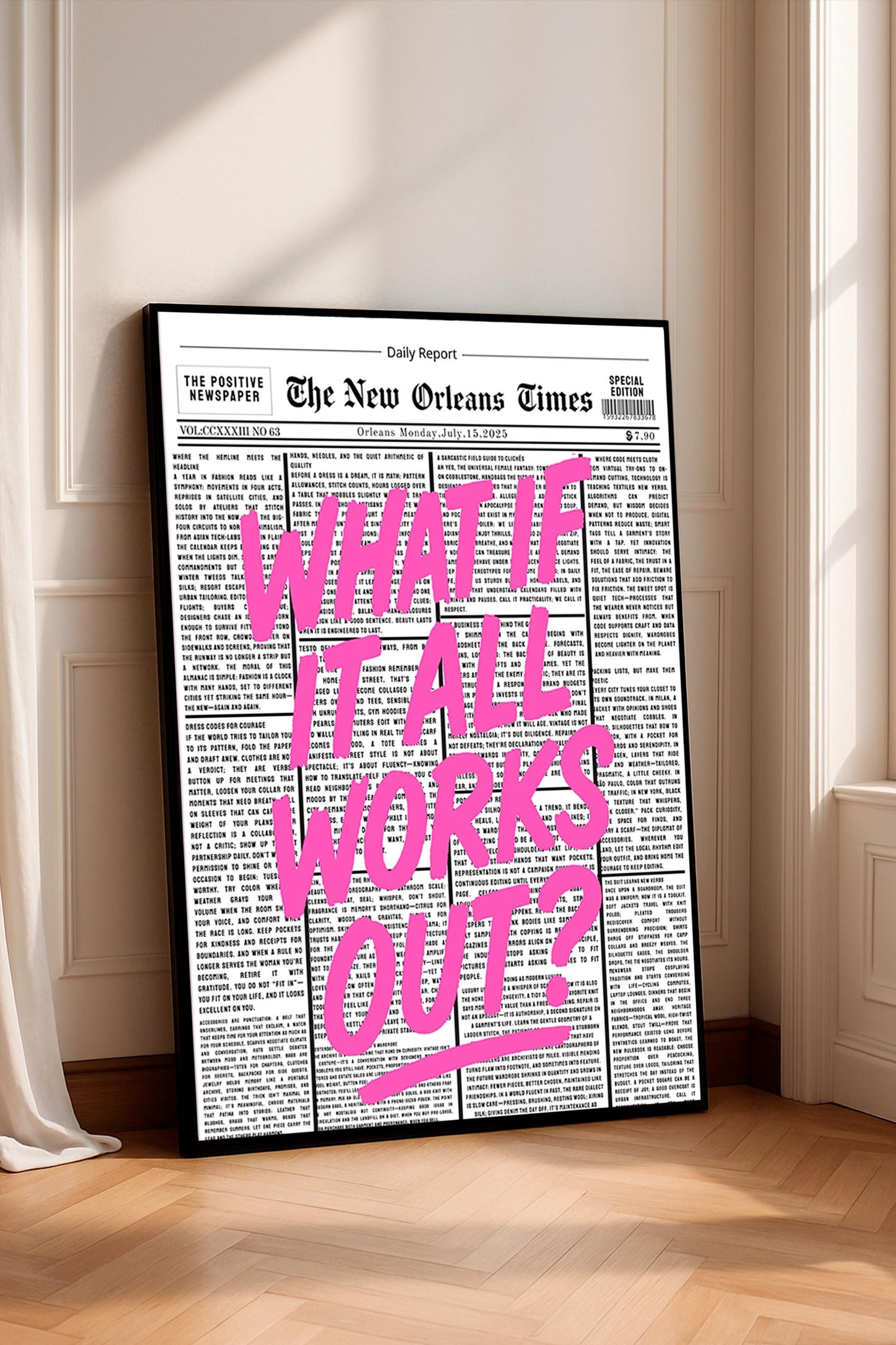 Motivational Quote Poster "What if it all works out?" – Retro Newspaper Style, Pink Brush Typography, Wall Art, Preppy Dorm Decor