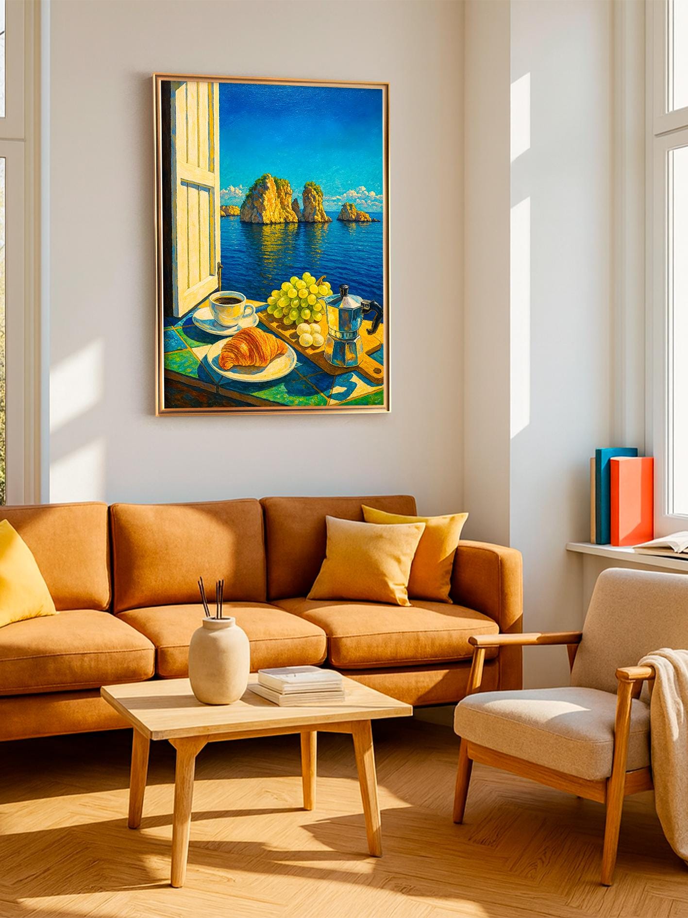 Mediterranean Window View Wall Art – Coastal Breakfast with Moka Pot and Croissant, Kitchen Wall Poster with Italian Sea View