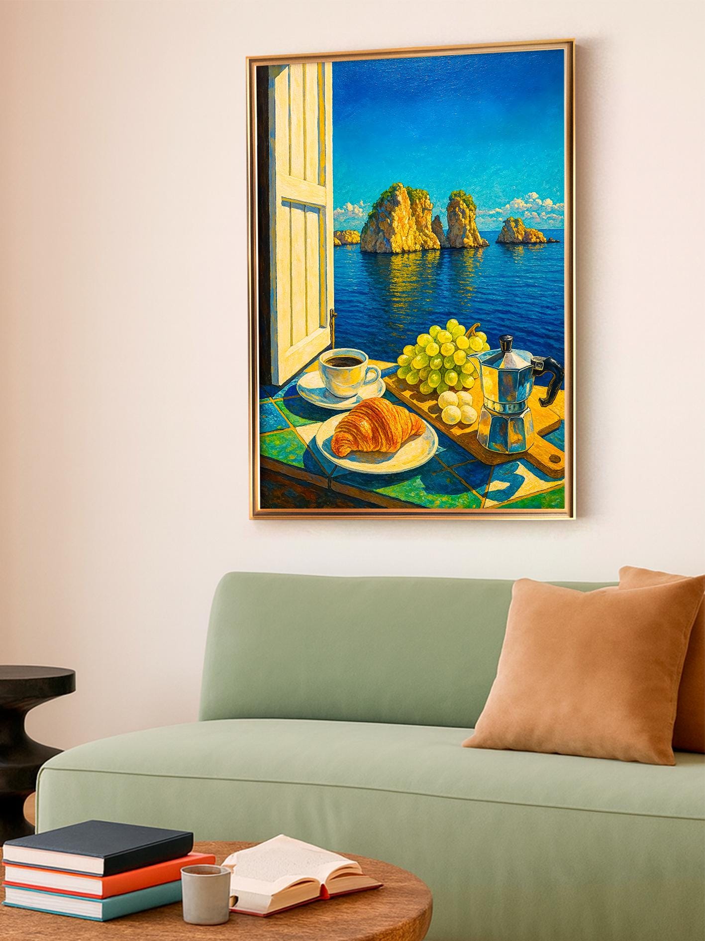Mediterranean Window View Wall Art – Coastal Breakfast with Moka Pot and Croissant, Kitchen Wall Poster with Italian Sea View