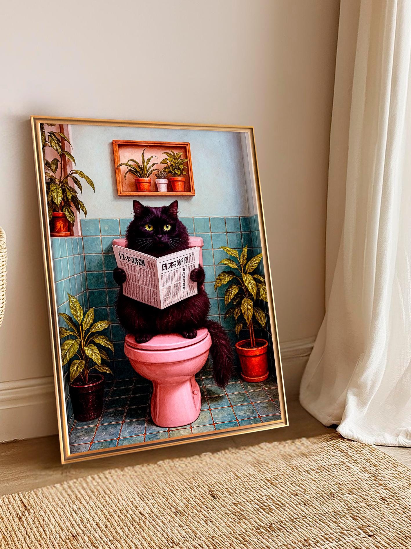 Funny Cat Bathroom Poster – Toilet Cat Meme Wall Art, Irony & Dopamine, Modern Cat Lovers Gift, Cute Feline Print for Home Decor bath décor