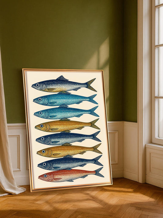 Colorful Fish Poster, Retro Kitchen Wall Art, Elegant Marine Illustration Fine Art Print for Kitchen Décor and Nautical Home