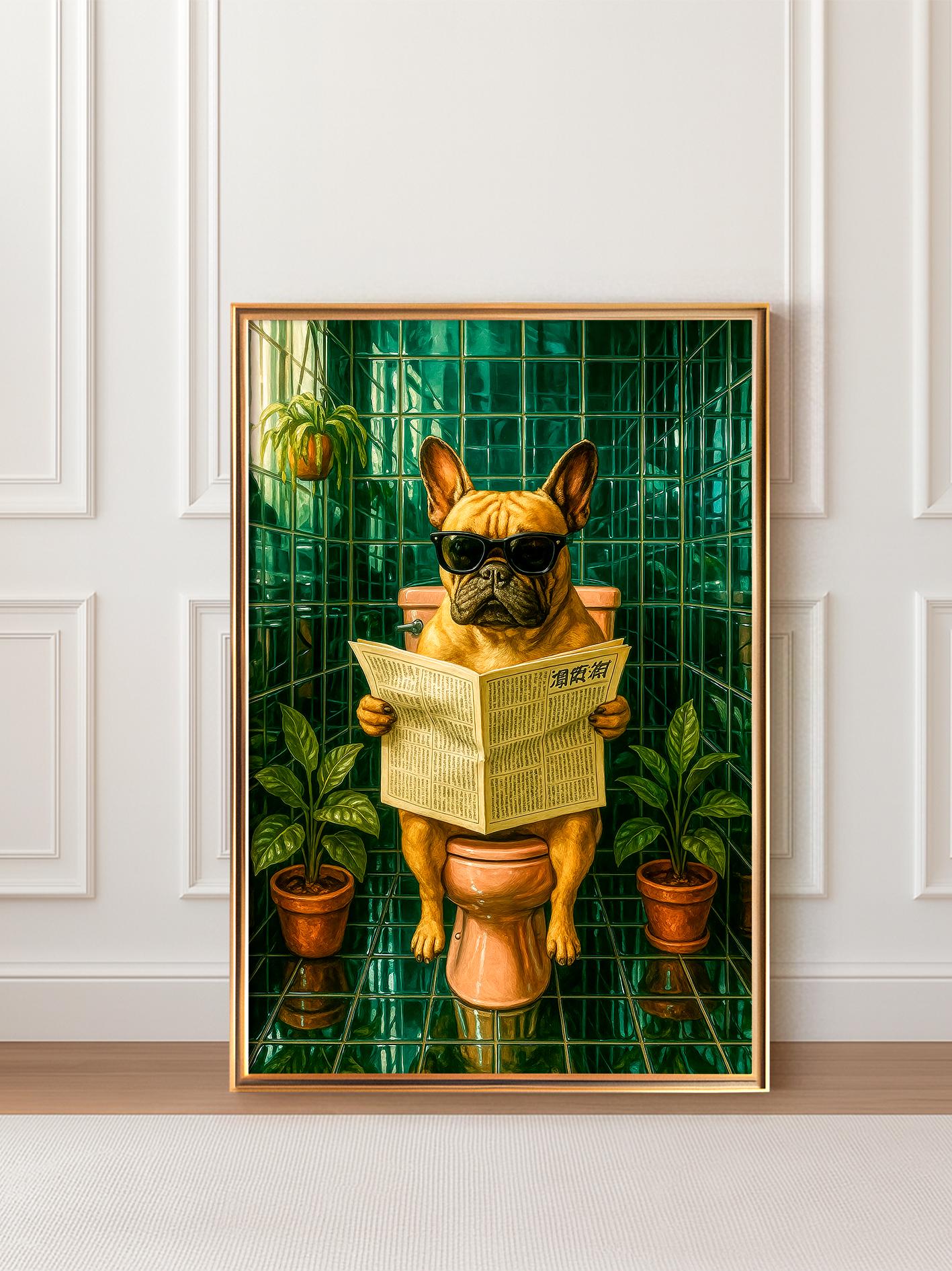 Decorative Poster with French Bulldog Reading a Newspaper, Funny Wall Art, Retro-Style dog, Perfect Gift idea for Animal Lovers