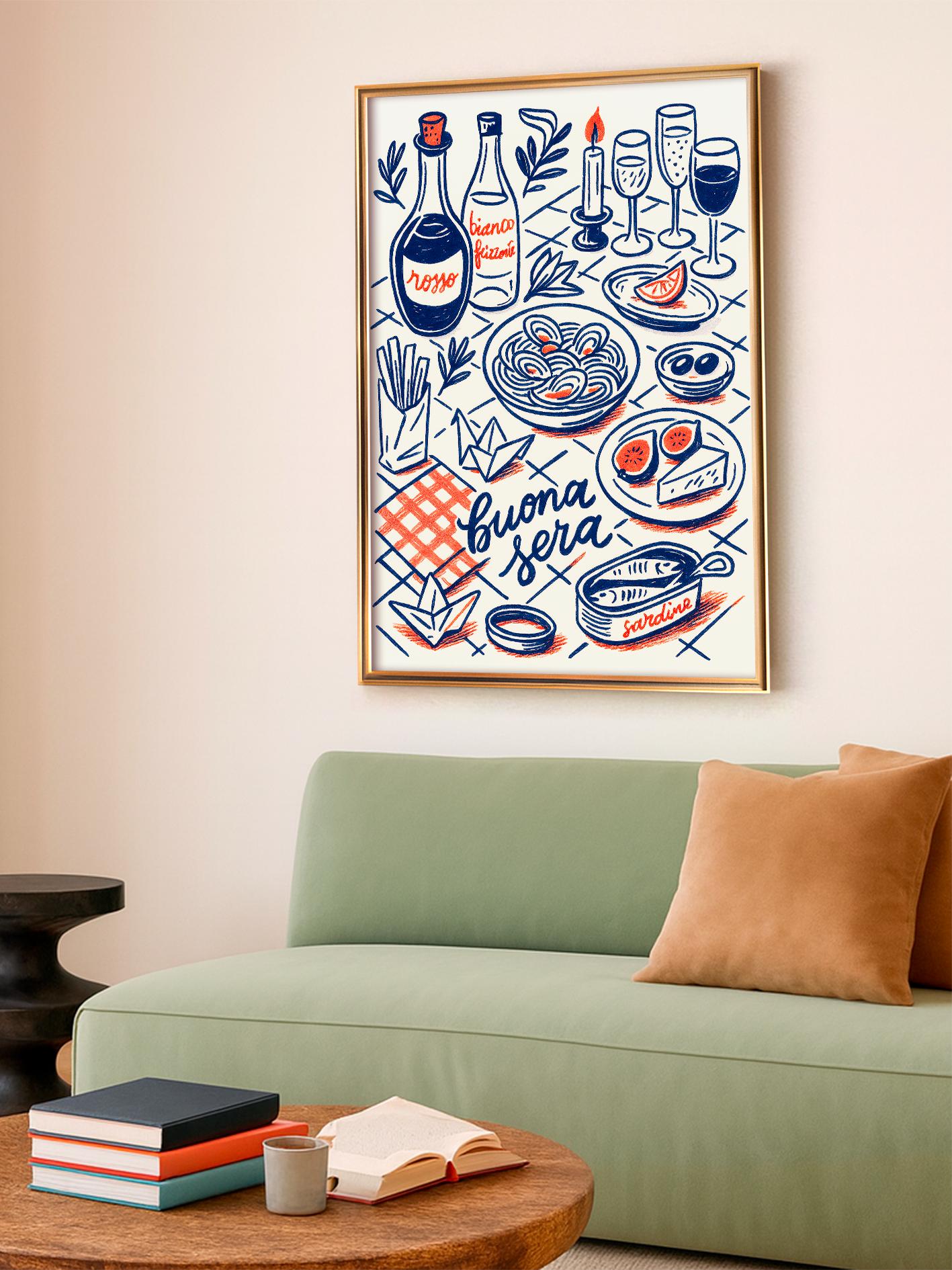 Mediterranean Kitchen Poster, Vintage Kitchen Print, Artistic Food Illustration, Retro Wall Art