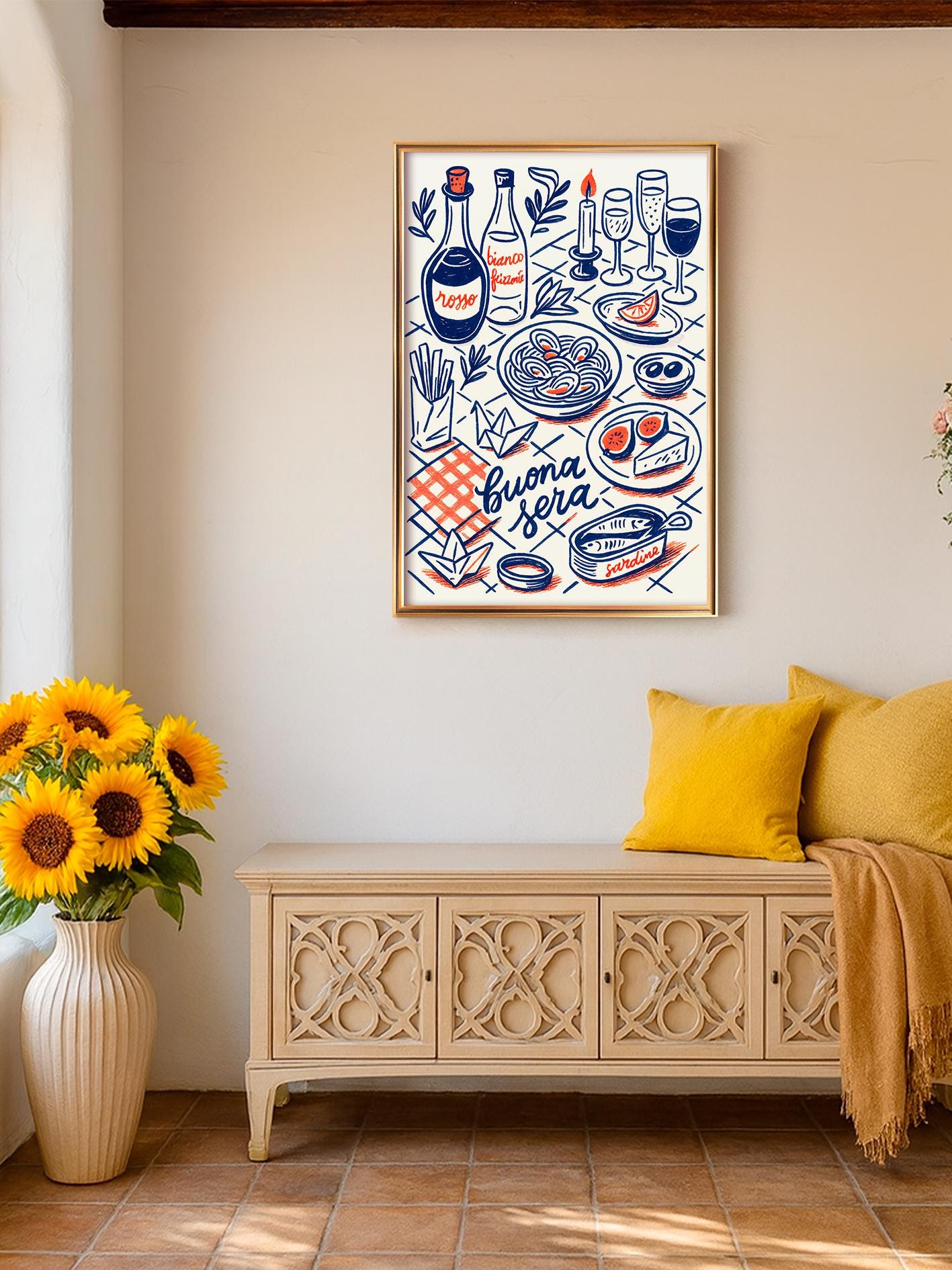 Mediterranean Kitchen Poster, Vintage Kitchen Print, Artistic Food Illustration, Retro Wall Art