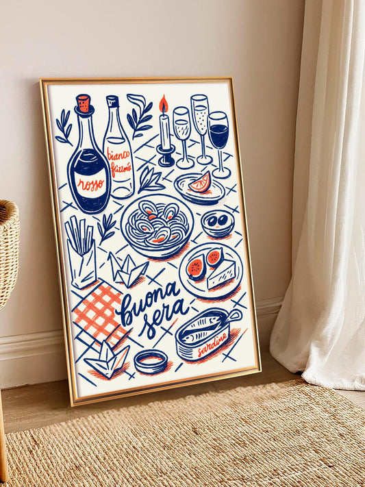 Mediterranean Kitchen Poster, Vintage Kitchen Print, Artistic Food Illustration, Retro Wall Art