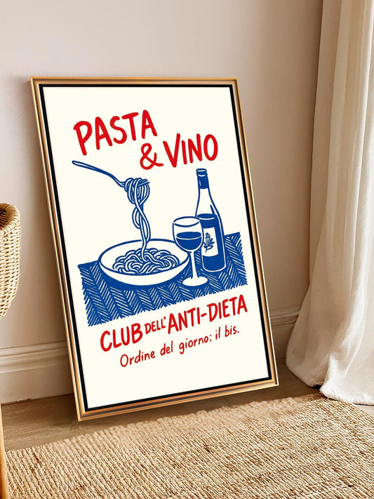 Italian Kitchen Poster With Pasta and Wine – Retro Kitchen Wall Art, Dining Room Decoration, Spaghetti Plate Illustration, Wine Bottle Print