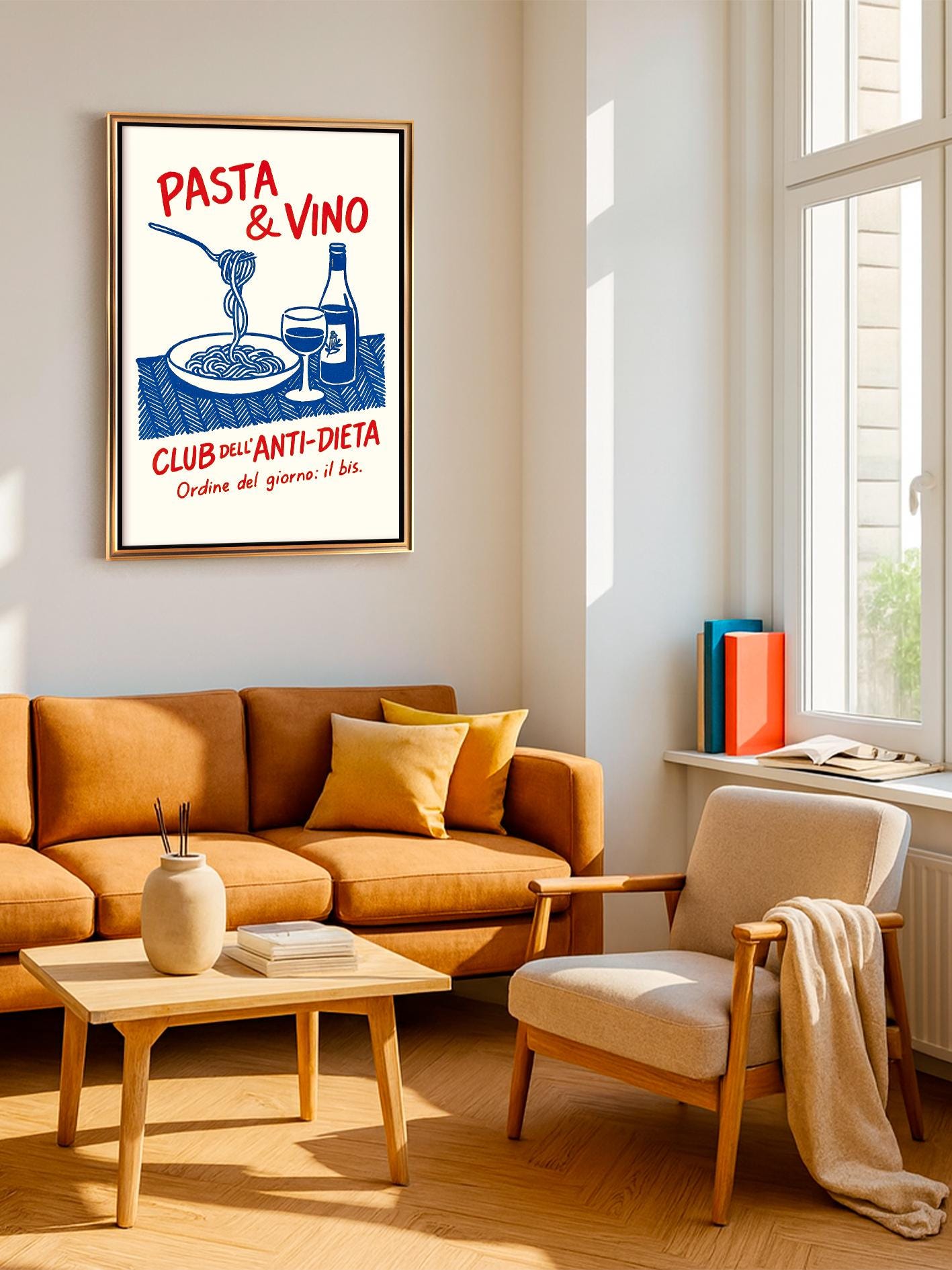 Italian Kitchen Poster With Pasta and Wine – Retro Kitchen Wall Art, Dining Room Decoration, Spaghetti Plate Illustration, Wine Bottle Print