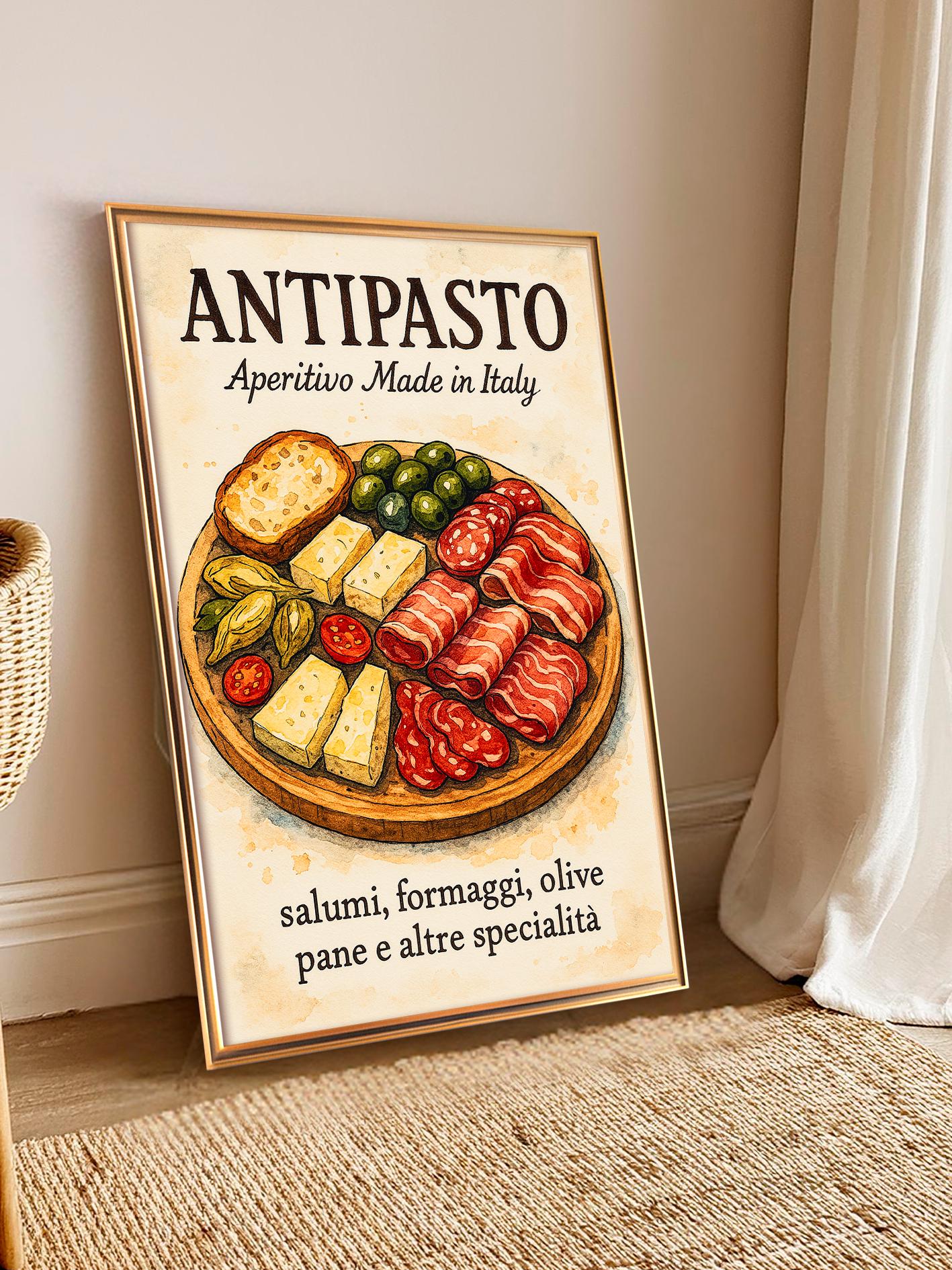 Italian Kitchen Poster With Cured Meats and Cheeses, Illustration of Italian Aperitif Boards, Kitchen Wall Art, Kitchen Decor