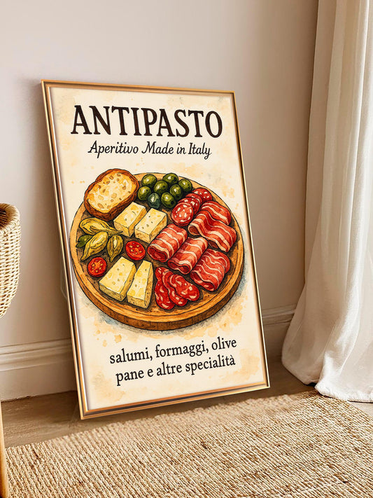 Italian Kitchen Poster With Cured Meats and Cheeses, Illustration of Italian Aperitif Boards, Kitchen Wall Art, Kitchen Decor