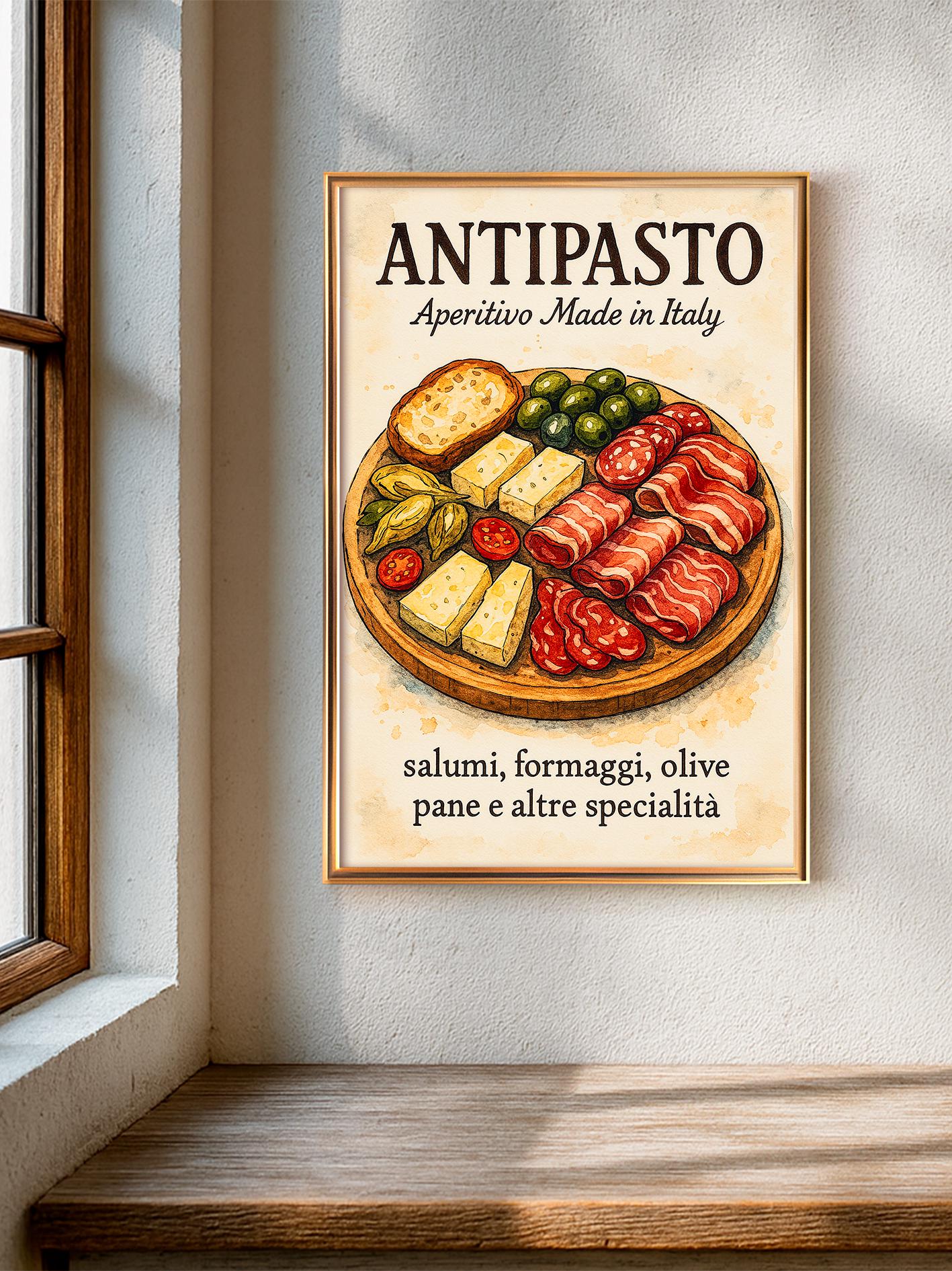 Italian Kitchen Poster With Cured Meats and Cheeses, Illustration of Italian Aperitif Boards, Kitchen Wall Art, Kitchen Decor