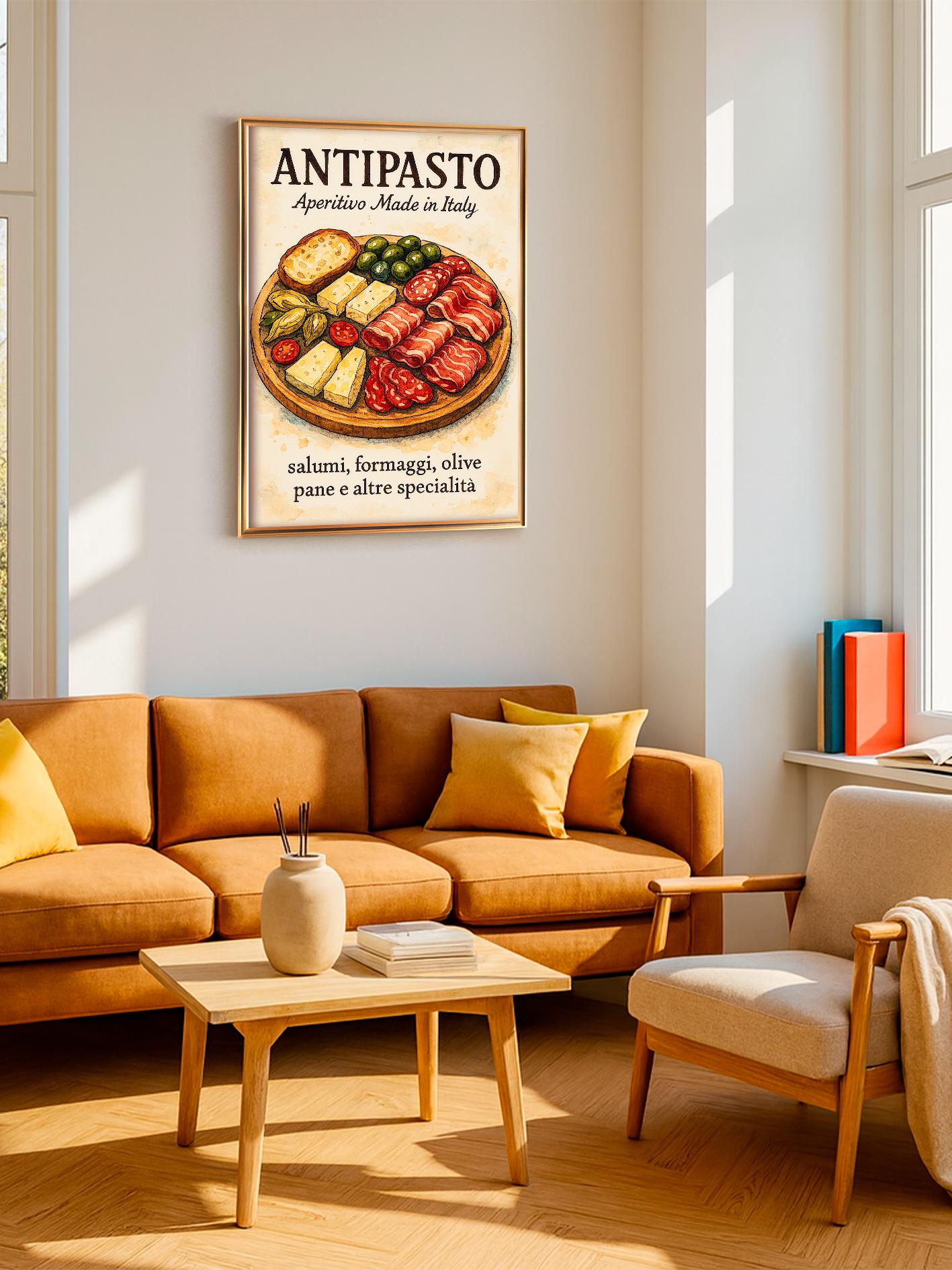 Italian Kitchen Poster With Cured Meats and Cheeses, Illustration of Italian Aperitif Boards, Kitchen Wall Art, Kitchen Decor