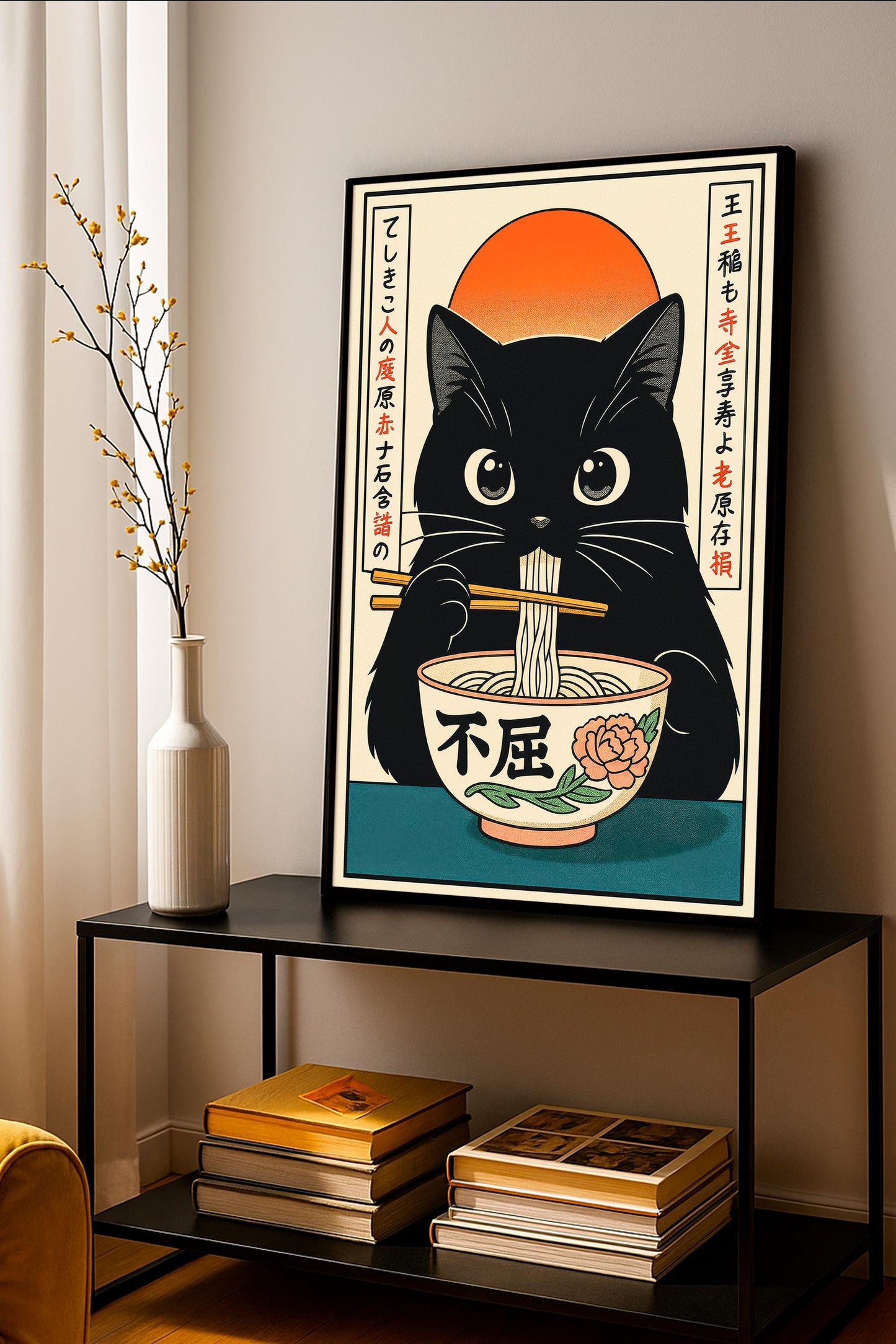 Black Cat Ramen Poster, Kawaii Japanese Wall Art, Black Cat Kitchen Decoration, Home Decor
