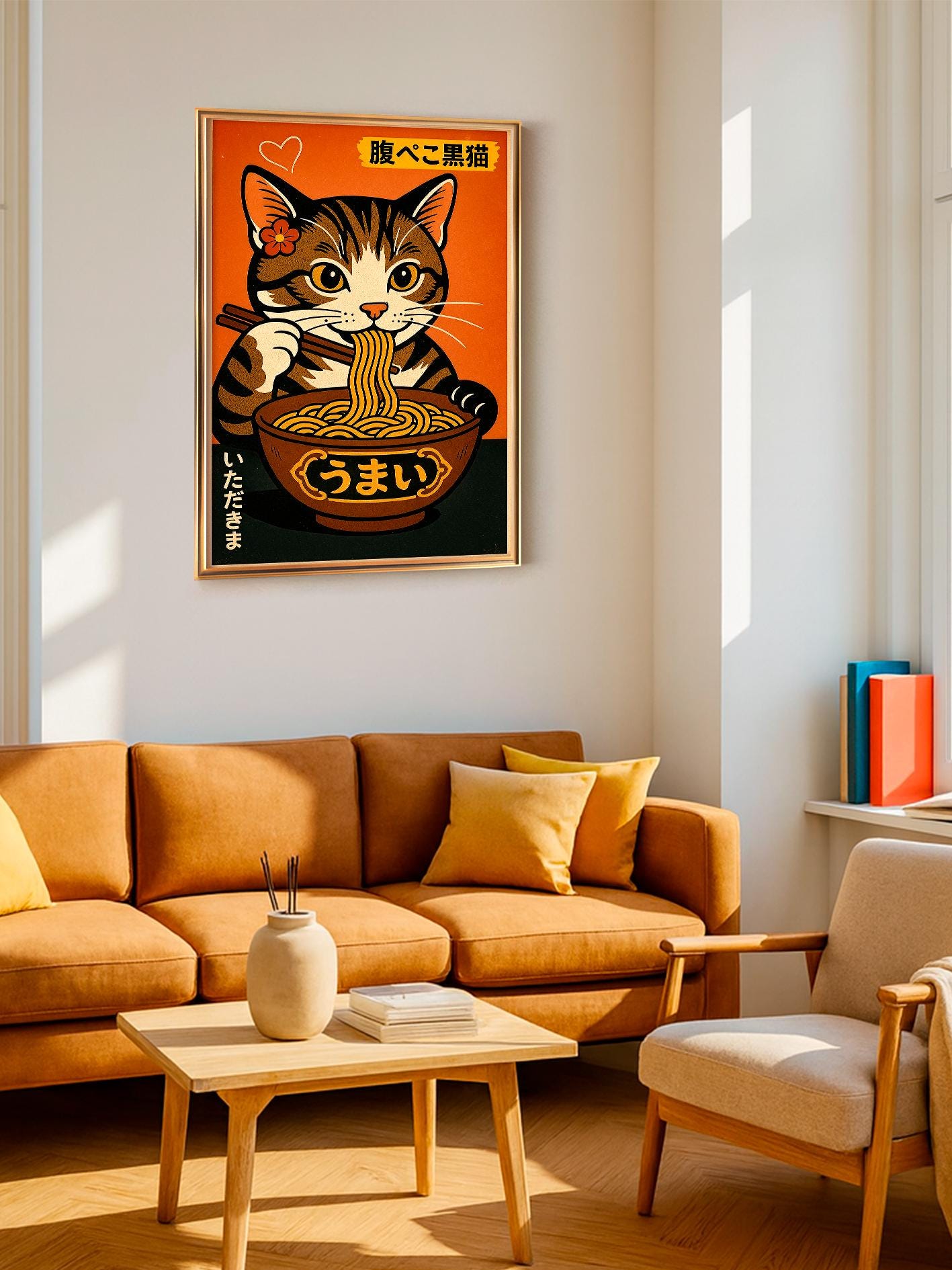 Poster of a Cat Eating Ramen in Japanese Style, Hungry Cat Illustration, Japanese Wall Art, Print for Cat Lovers