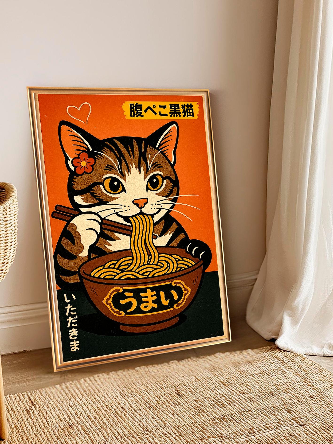 Poster of a Cat Eating Ramen in Japanese Style, Hungry Cat Illustration, Japanese Wall Art, Print for Cat Lovers