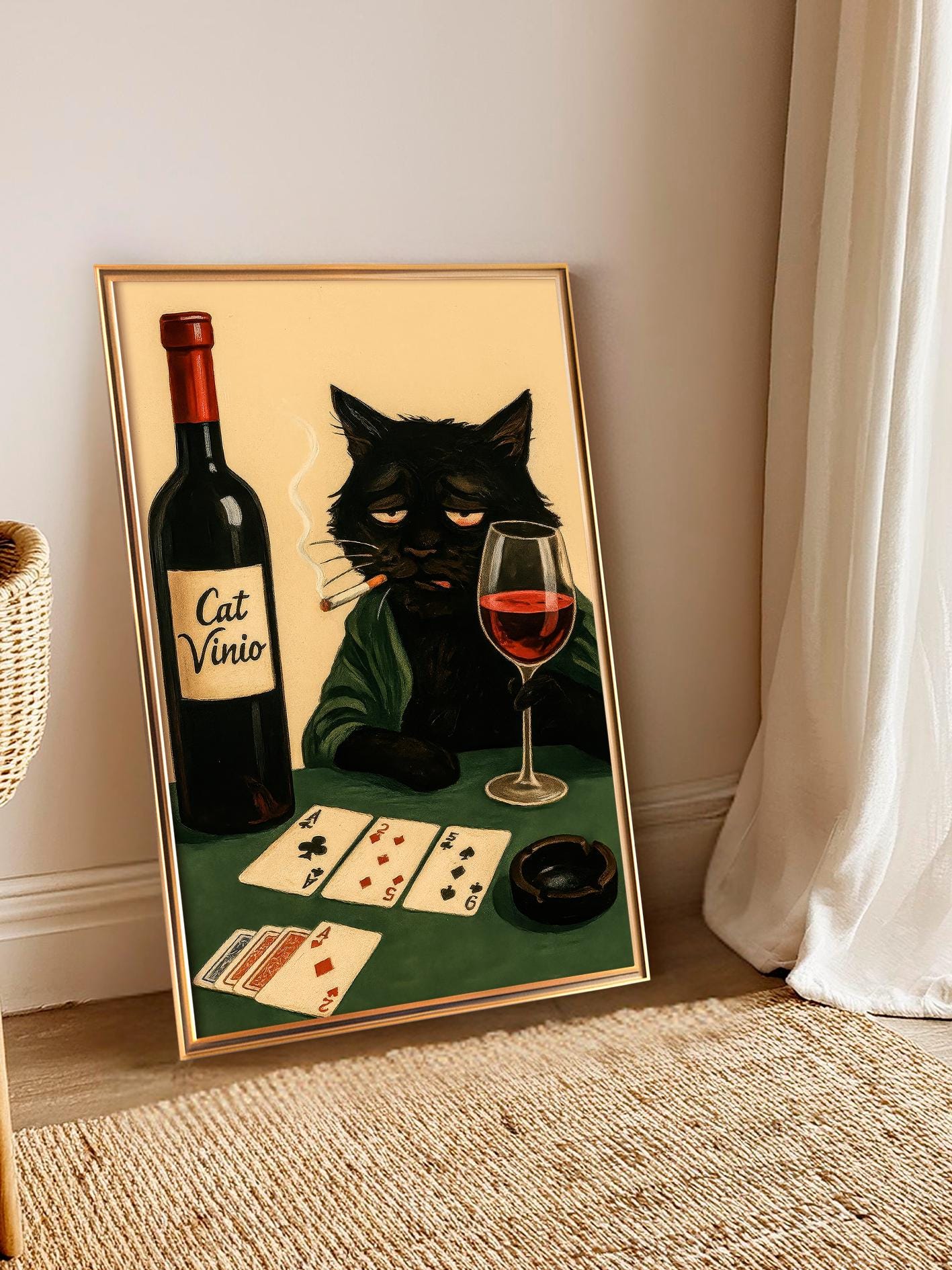 Depressed Black Cat Poster, Smoking Cat With Red Wine, Ironic Painting of a Poker-Playing Cat in a Robe, Noir Style, Dark Feline Humor