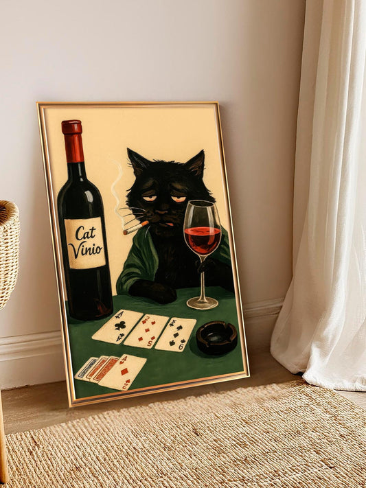 Depressed Black Cat Poster, Smoking Cat With Red Wine, Ironic Painting of a Poker-Playing Cat in a Robe, Noir Style, Dark Feline Humor