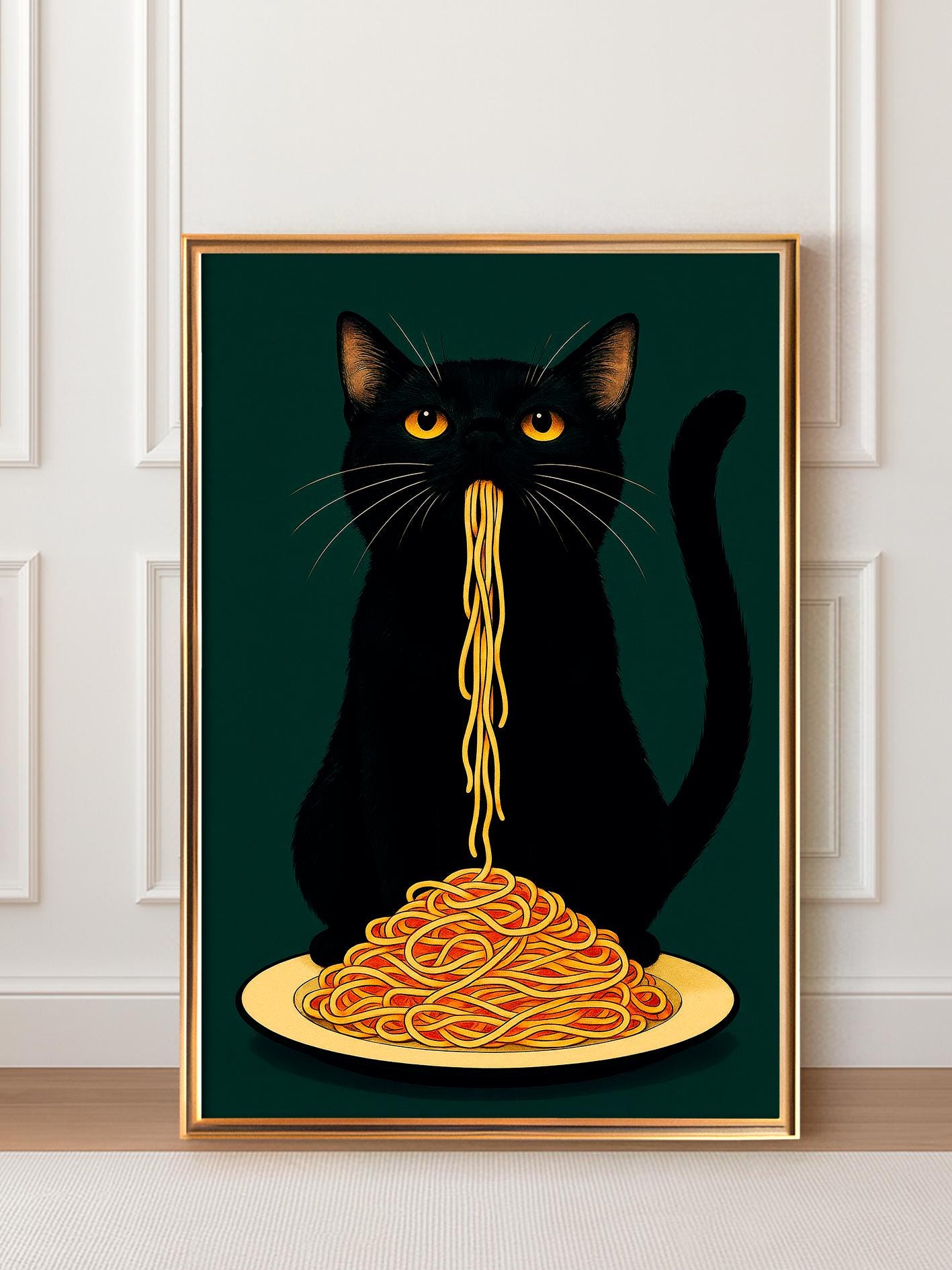 Black Cat Eating Spaghetti Poster, Humorous Print of a Hungry Cat, Black Cat Italian Pasta Illustration, Retro-Style Gothic Wall Art