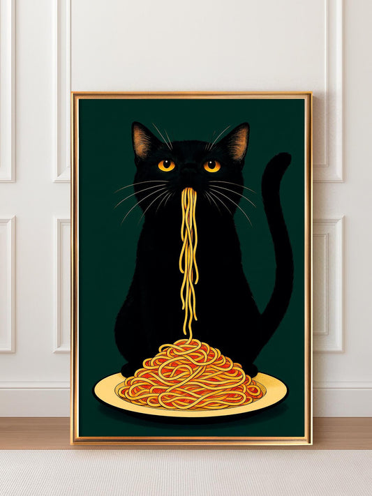 Black Cat Eating Spaghetti Poster, Humorous Print of a Hungry Cat, Black Cat Italian Pasta Illustration, Retro-Style Gothic Wall Art