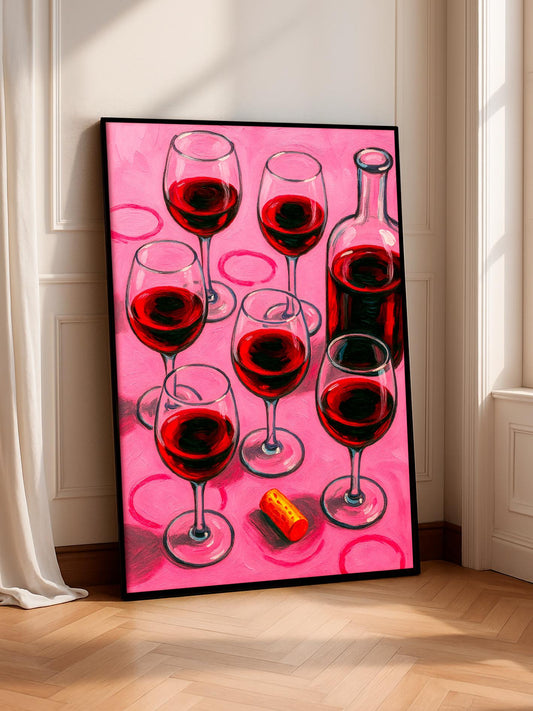 Red Wine Poster – Modern Wall Art Print with Wine Glasses & Bottle, Colorful Kitchen Decor, Dining Room Bar Art, Gift for Wine Lovers